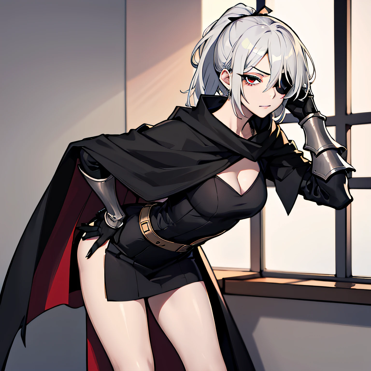 (absurdres, 8k, 4k, masterpiece, hyper extreme detailed:1.2), solo, 1girl, front view portrait, best quality, expressive eyes, perfect face, 1girl, portrait, solo, Female, mature female, adult, pale skin, black nails, white skin, black ribbon, red eyes, black eyepatch, annoyed, swept bangs, side bangs, messy hair, medium hair, hair covering forehead, perfect anatomy, anatomically correct, looking forward, forward view, expressive eyes, perfect eyes, quanxi, ponytail, eyepatch, Zero, full body, hand on hip, covered breasts, right hand on head, left hand on hip, solo, leaning back, window background, dress, cloak, armor, gauntlets, battle dress,