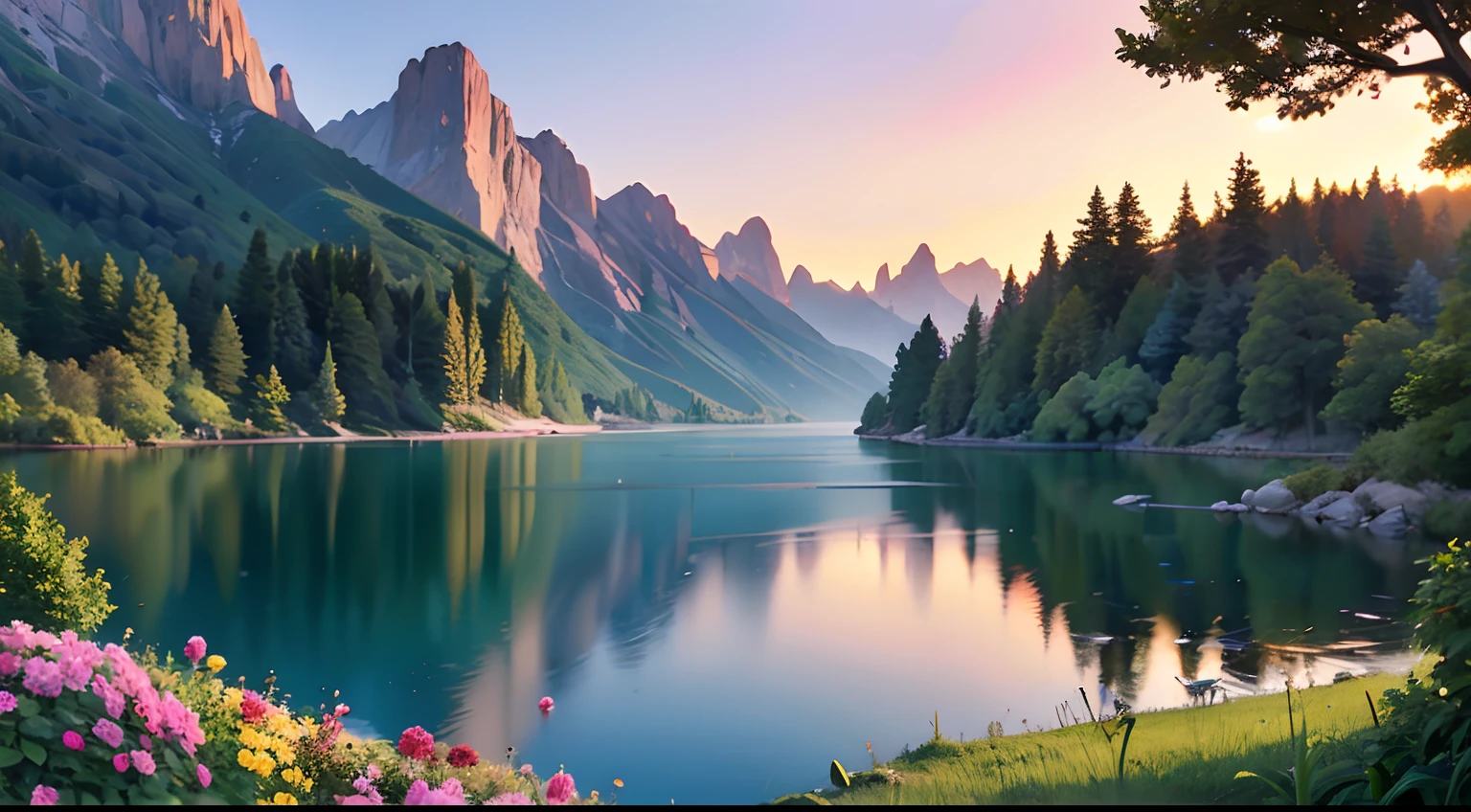 Landscape masterpiece, stunning nature, magnificent sunset in the style of wlop and alena aeinami, ultra-detailed digital painting, lake with sparkling waterfalls, colorful flowers delicately painted.