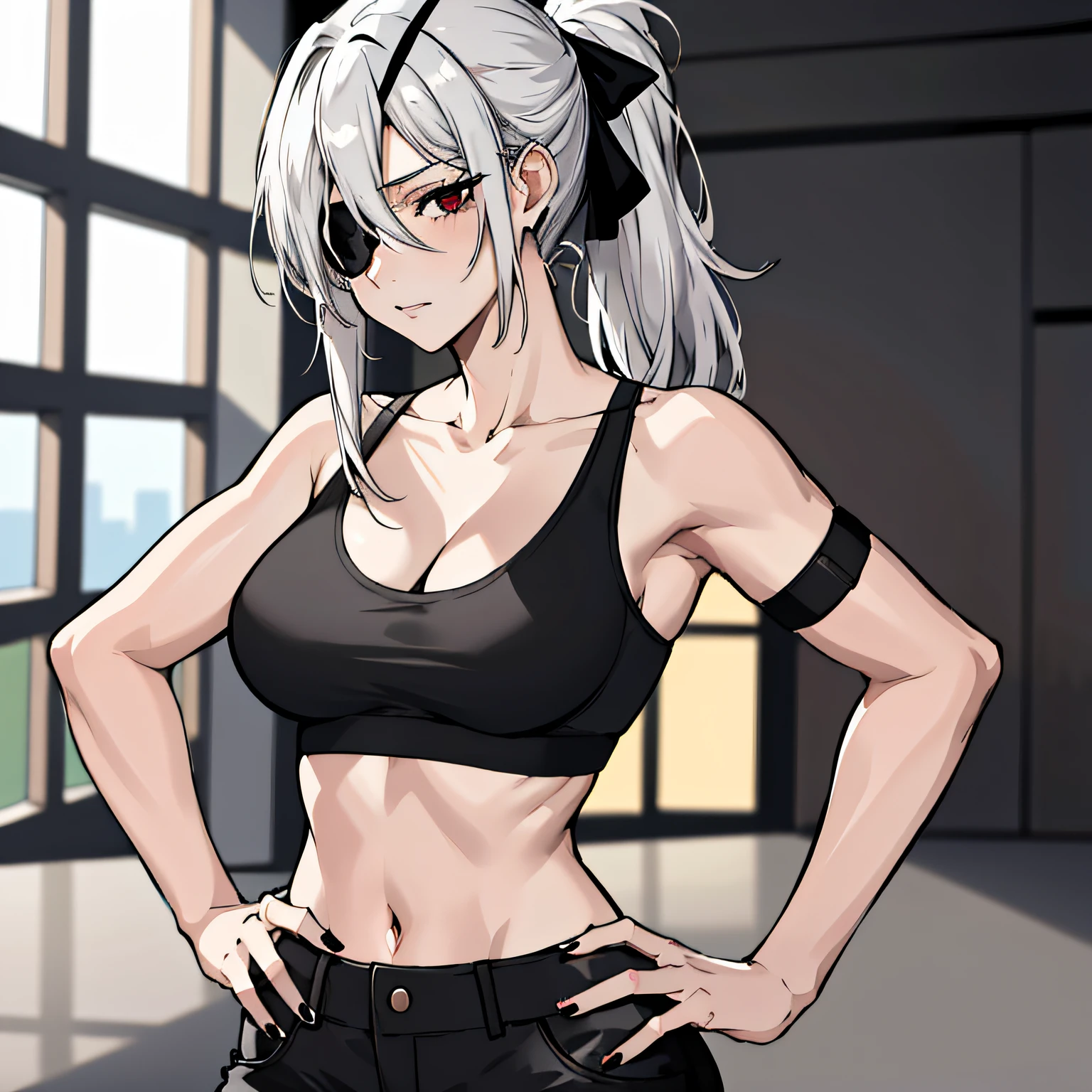 (absurdres, 8k, 4k, masterpiece, hyper extreme detailed:1.2), solo, 1girl, front view portrait, best quality, expressive eyes, perfect face, 1girl, portrait, solo, Female, mature female, adult, pale skin, black nails, white skin, black ribbon, red eyes, black eyepatch, annoyed, swept bangs, side bangs, messy hair, medium hair, hair covering forehead, perfect anatomy, anatomically correct, looking forward, forward view, expressive eyes, perfect eyes, quanxi, ponytail, eyepatch, Zero, full body, hand on hip, covered breasts, right hand on head, left hand on hip, solo, leaning back, window background, black sports bra, black shorts, thighs,