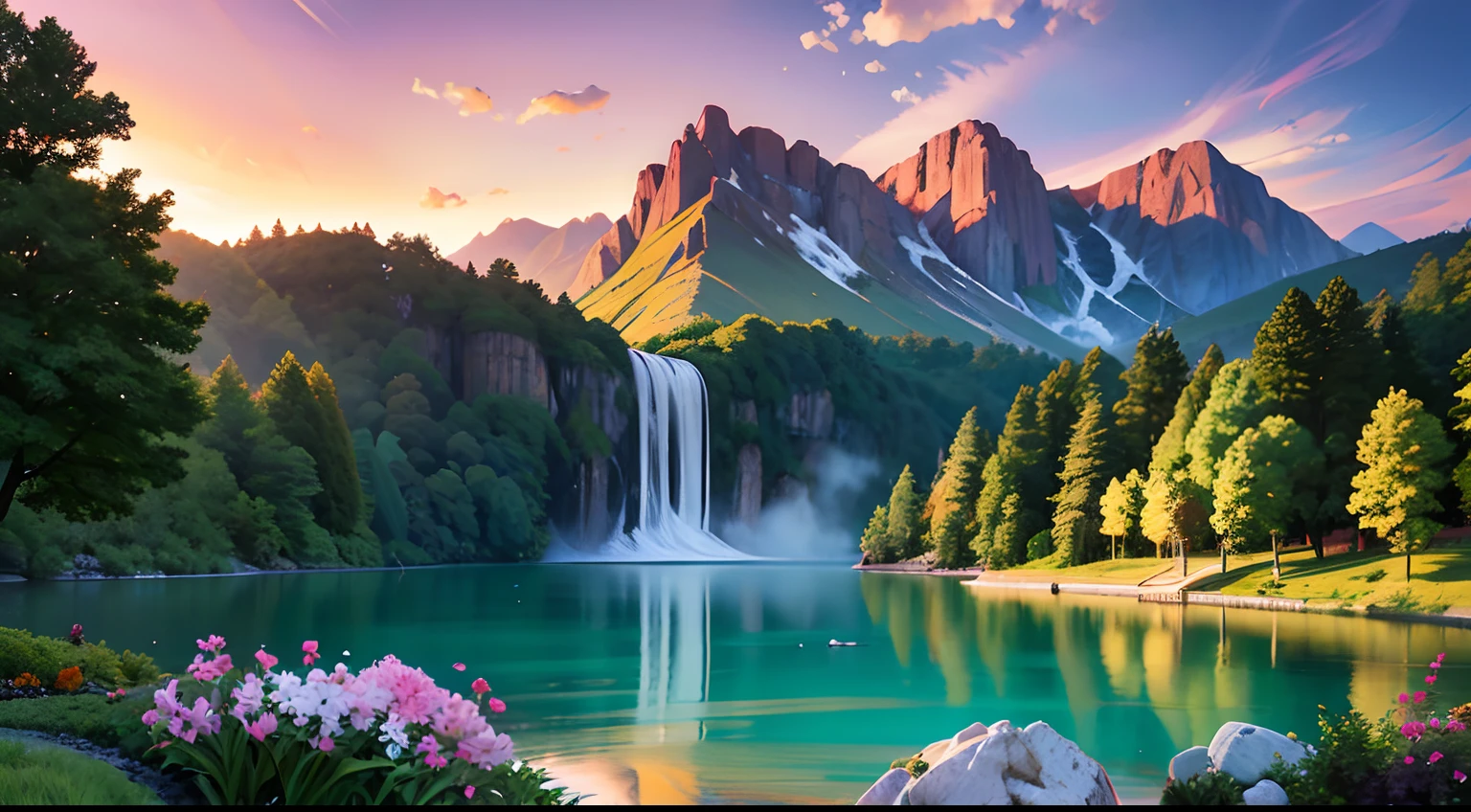 Landscape masterpiece, stunning nature, magnificent sunset in the style of wlop and alena aeinami, ultra-detailed digital painting, lake with sparkling waterfalls, colorful flowers delicately painted.