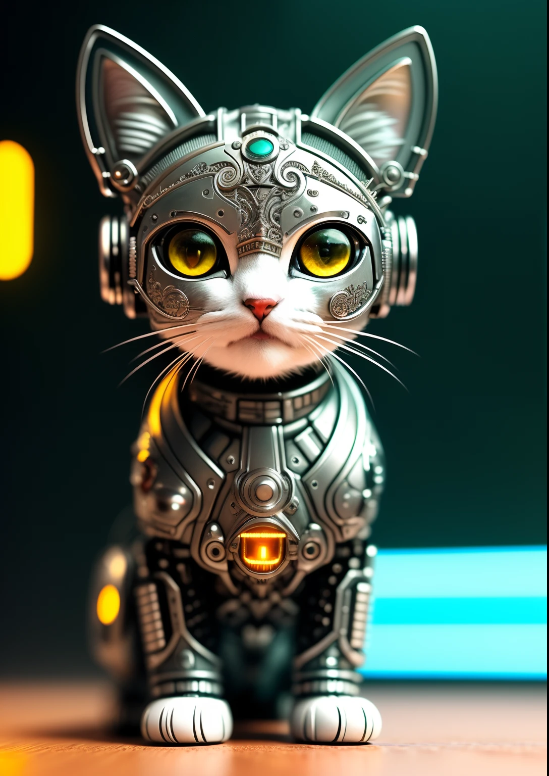 a cute kitten made out of metal, Cyborg, Cyberpunk Style, ((Intricate details)), hdr, ((Intricate details, ultra - detailed)), cinema shot, Vignette