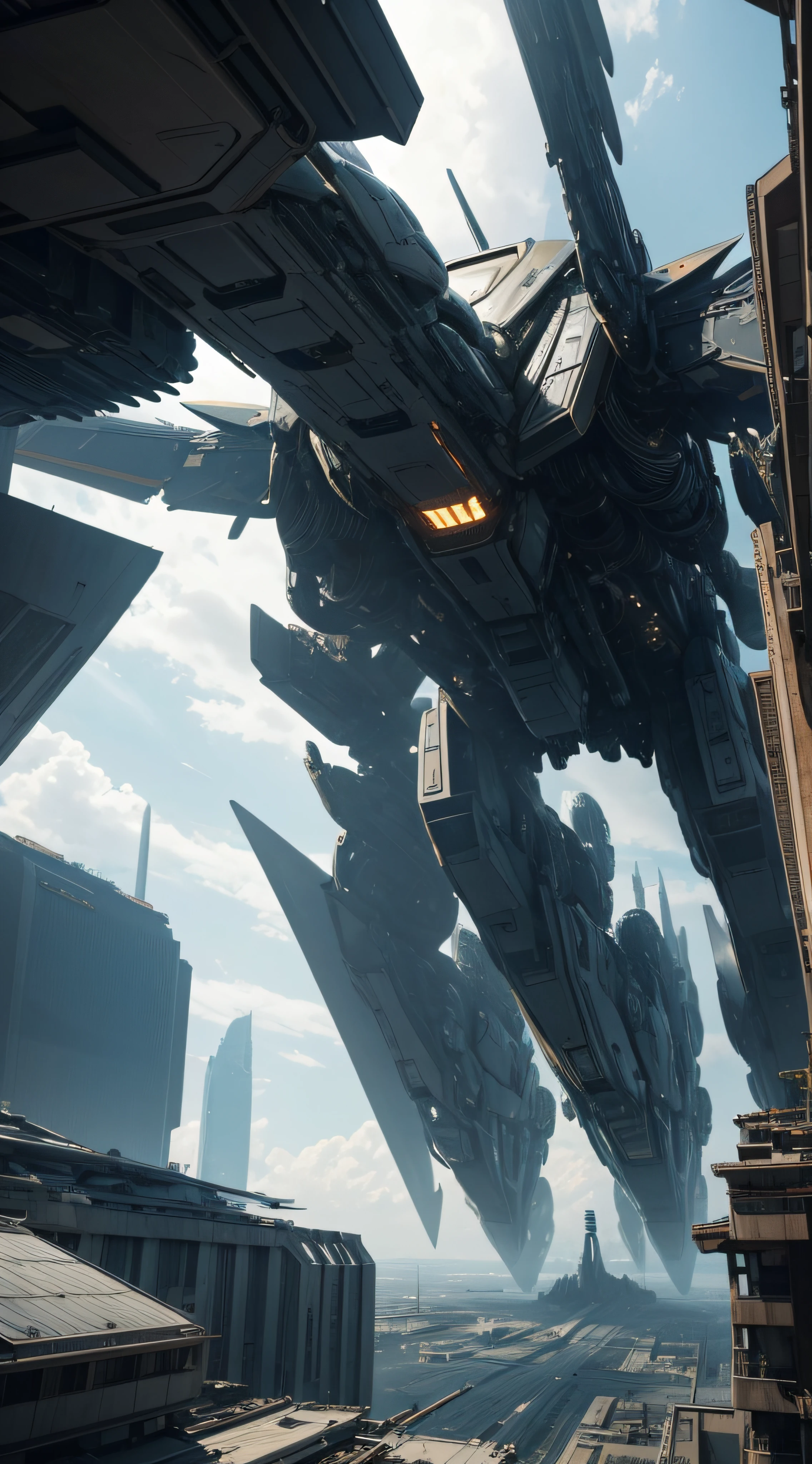 Grandiose Interstellar Subject Mega Buildings Sense of Technology Universe Future Legion Mecha Sense of Shock Impact Detail Swooping Close-up Looking Up Perspective Sense of Oppression