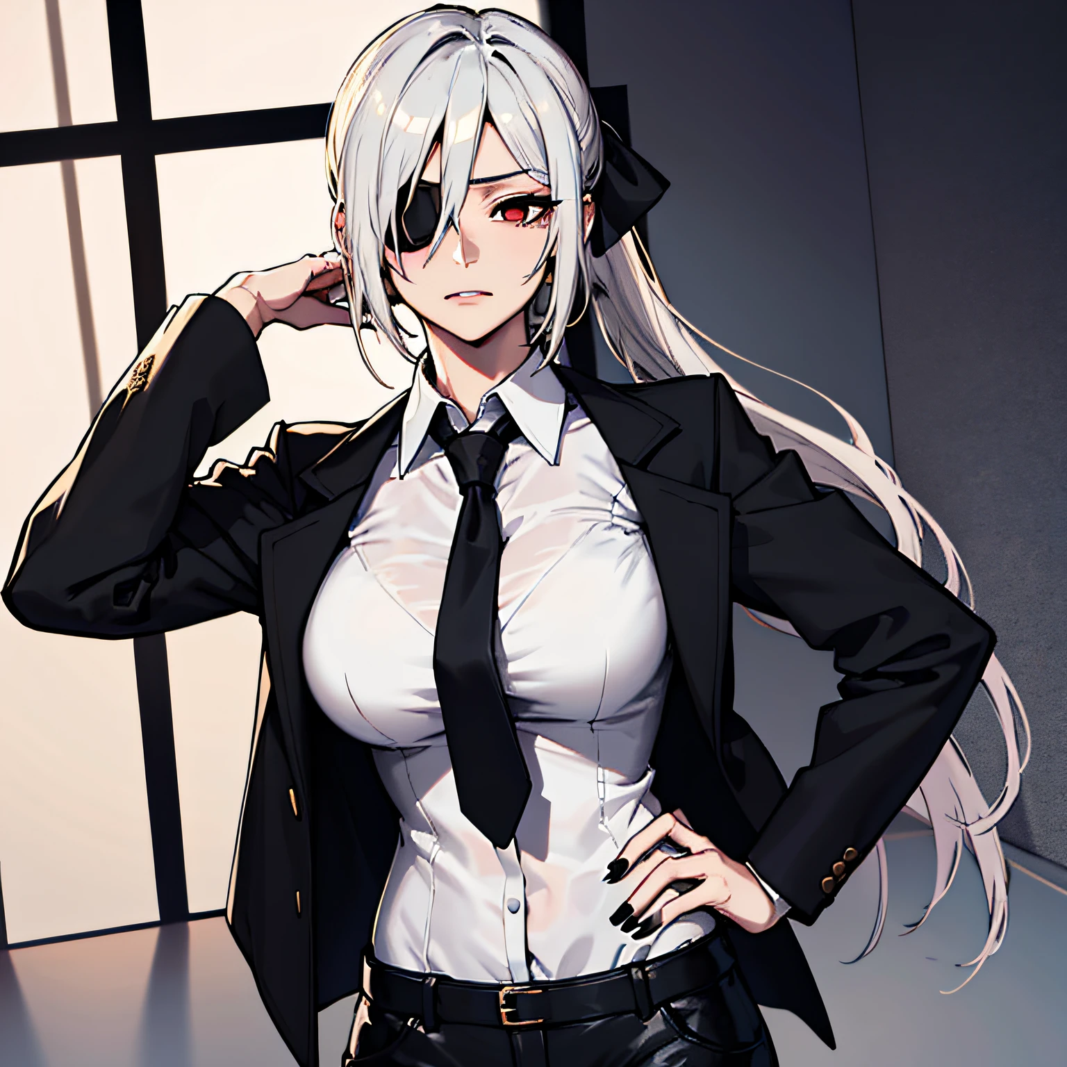 (absurdres, 8k, 4k, masterpiece, hyper extreme detailed:1.2), solo, 1girl, front view portrait, best quality, expressive eyes, perfect face, 1girl, portrait, solo, Female, mature female, adult, pale skin, black nails, white skin, black ribbon, red eyes, black eyepatch, annoyed, armor, swept bangs, side bangs, messy hair, long hair, hair covering forehead, perfect anatomy, anatomically correct, looking forward, forward view, expressive eyes, perfect eyes, quanxi, ponytail, eyepatch, Zero, full body, hand on hip, covered breasts, right hand on head, left hand on hip, solo, leaning back, window background, armor, black jacket, necktie, black pants