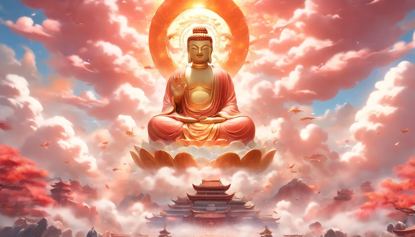 ((Masterpiece)),(Best quality)),China-style,In the sky, The clouds form a huge transparent glowing white jade Maitreya Buddha statue,Thick clouds,The sun shines,Pilgrims on the road,Hyper-realistic,Ultra photo realsisim,Pink,8K,High definition,high qulity,Works of masters,super-fine,(((OC renderer)))