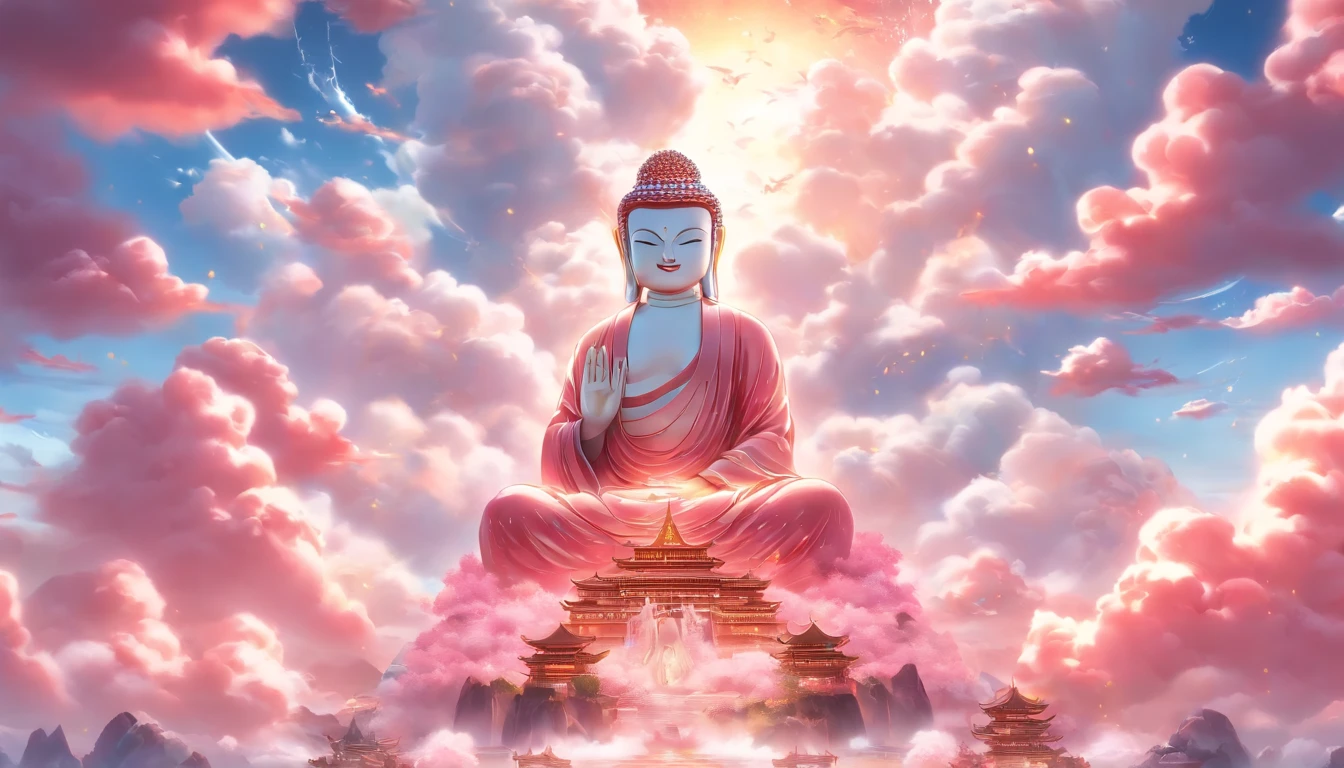 ((Masterpiece))，(Best quality))，China-style，In the sky, The clouds form a huge transparent glowing white jade Maitreya Buddha statue，Thick clouds，The sun shines，Pilgrims on the road，Hyper-realistic，Ultra photo realsisim，Pink，8K，High definition，high qulity，Works of masters，super-fine，（（（OC renderer）））