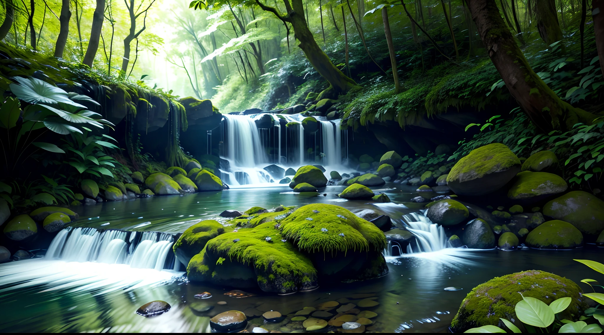 Uma floresta verde(altamente realista), A strong and healthy green
There is a waterfall with a shallow water river,
In this river there are stones
The water is blue and crystal clear, very beautiful and brings a feeling of purity
It is a sunny day with few clouds that leaves the environment very bright and colorful
And there are several types of plants of various colors in the forest,The grass is short(realista)