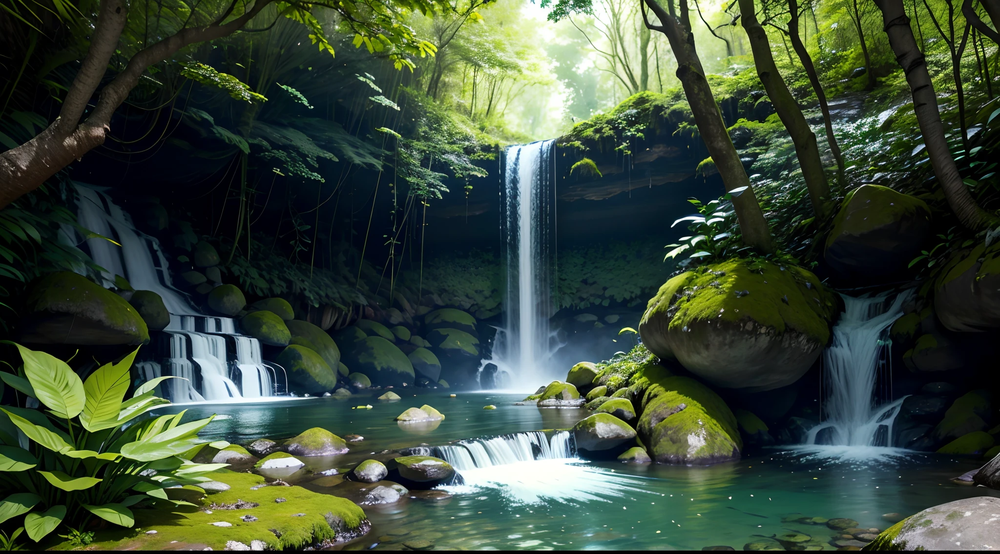 Uma floresta verde(altamente realista), A strong and healthy green
There is a waterfall with a shallow water river,
In this river there are stones
The water is blue and crystal clear, very beautiful and brings a feeling of purity
It is a sunny day with few clouds that leaves the environment very bright and colorful
And there are several types of plants of various colors in the forest,The grass is short(realista)
