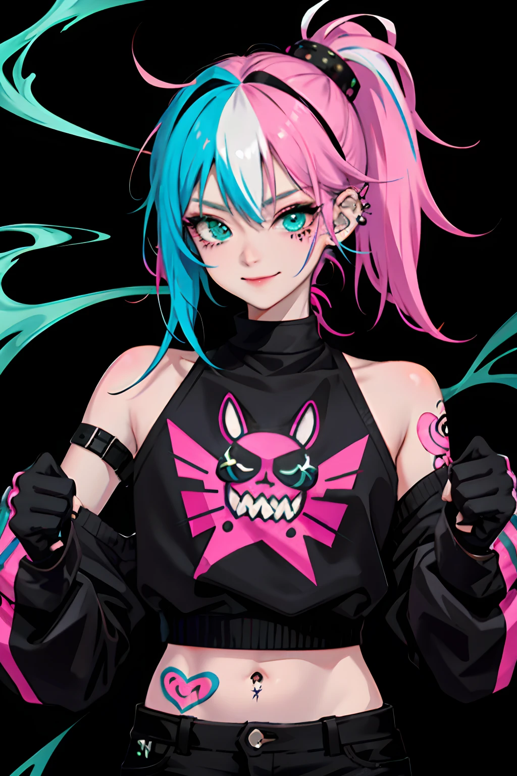 kpop girl with rizz smile face, bad ass, black gloves,neon cyan pink hair, tattoos on hands and neck, piercing, black mixed green striped oversized tomboy ish sweater, cool badass pose, smoke background, colorful smoke background