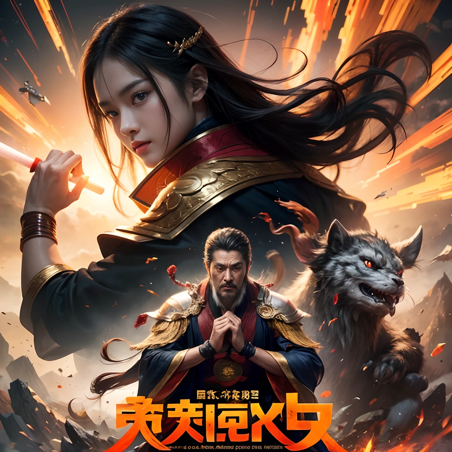 Movie poster design, (Eye-catching movie titles: 1.5),Chinese martial arts, World of mythology,Super meticulous,Dynamic posters,Film promotion,Hyper-realistic, tmasterpiece