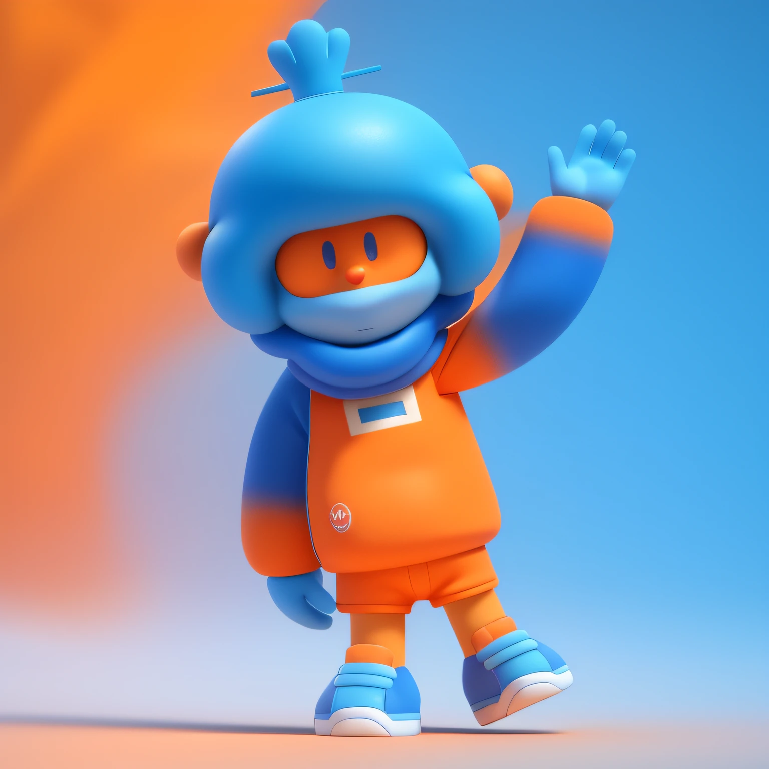 Cartoon image of a boy in a blue and orange costume waving his hands, in orange clothes) Fight, sports mascot, an animated character, wearing track and field suit, character is standing, blippi, full body mascot, japanese mascot, dancing character, The clown waved hello, coloured in blueberra and orange, character with a hat, Blue-orange, merged character, mascot illustrations, ssmile, full body mascot, an animated character, videogame character, animation style render, stylized 3d, arnold maya render, 3 d render stylized, toon render keyshot, 3d character, 3d character, 3D rendering stylized, 3 d character render, cartoon character, Close-up characters, Character pose, (pixar-style) (Master parts:1.2) (Bokeh) (Best quality) (Detailed skins) (detail texture) (8K) (clay) (Cinematic lighting) (foco nítido)