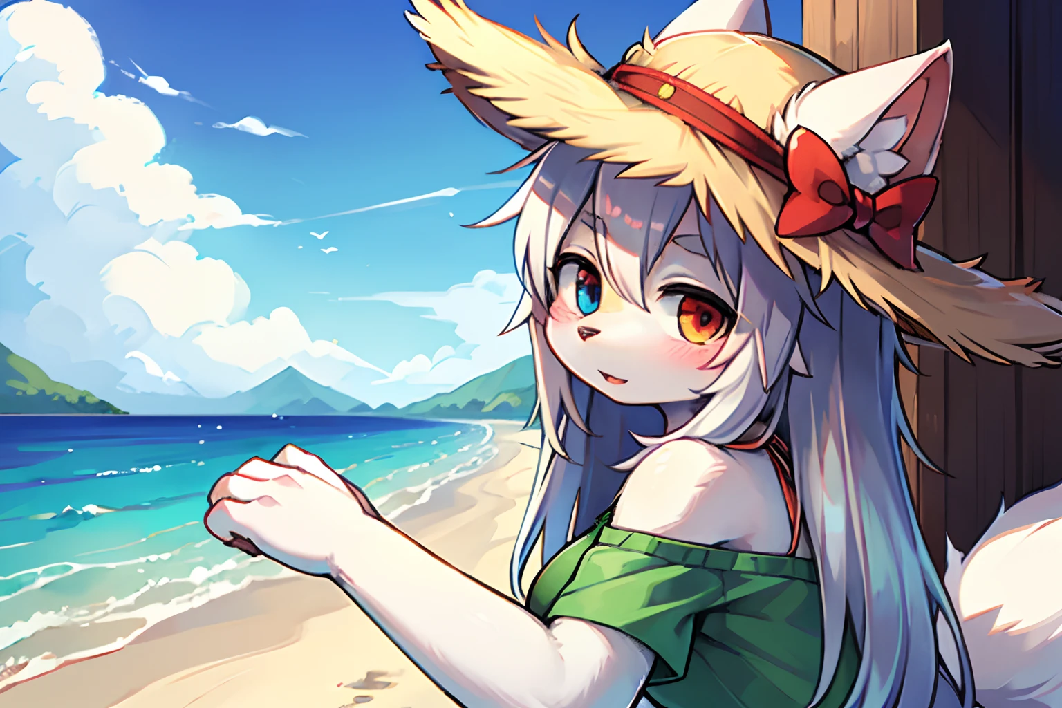 top quality, best quality, High-quality illustrations, masterpiece, super high resolution, detailed background, detailed background, Mare, horizon, Palm trees, beach, Midsummer sunshine, swim wears, 6+boys, 6+girls, Happy, joyful, absurdres(highly detailed beautiful face and eyes)perfect ???????(Photos taken with friends)(kemono, furry anthro)selfie,
