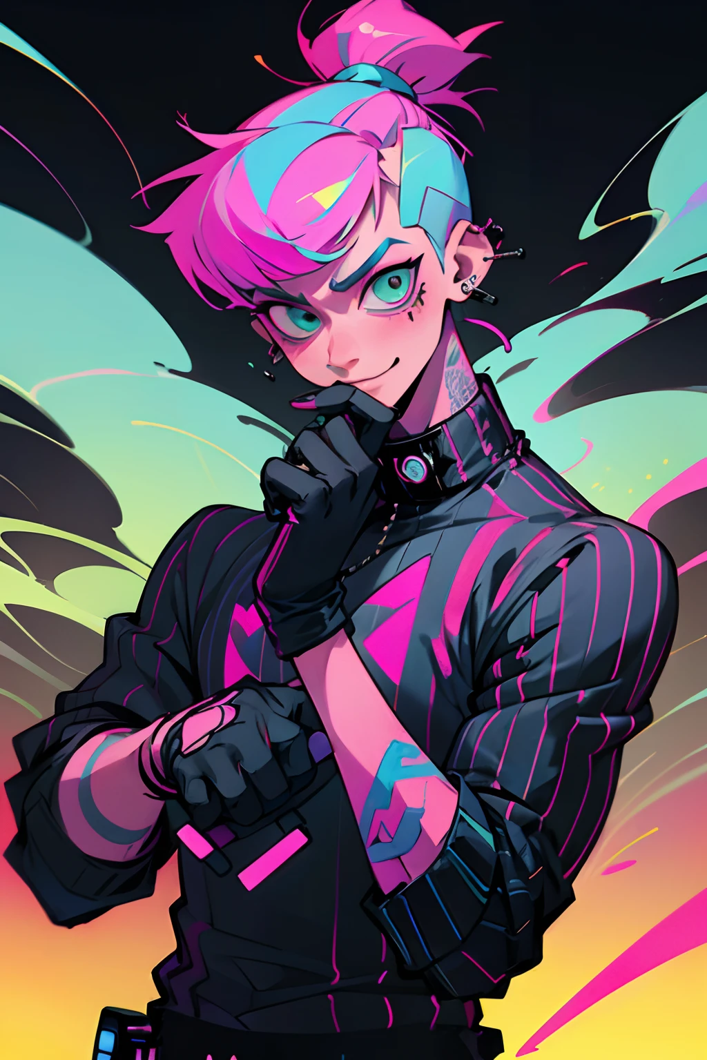 ((cover magazine)) 1 anime man,short hair, spiky hair, undercut hairstyle, neon green hair, tattoo, pos-apocaliptic landscape