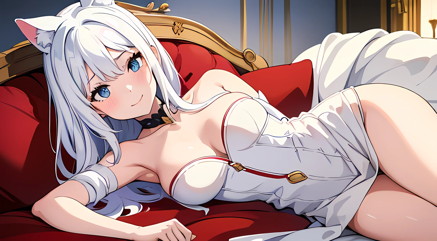 1 girl (cat eared, without human ears), beautiful eyes finely detailed, (two tone hair color (white and red), long hair), tipsy smile, drunk, blush on her face, white dress, laying her back on sofa, middle ages style bedroom, full body, anime best girl, masterpiece sidelighting, ​masterpiece, top-quality, detailed, High resolution illustration