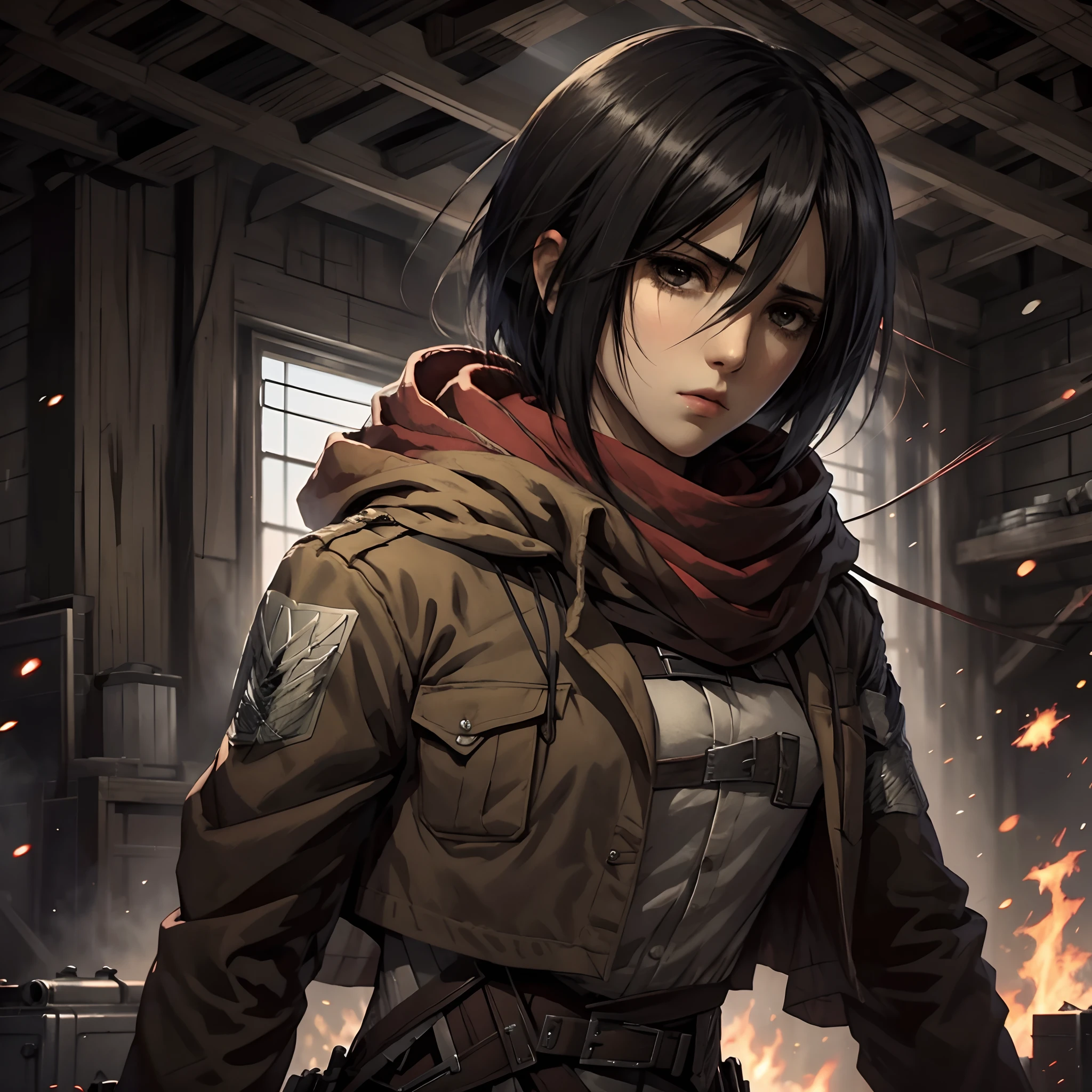 1girl, style cartoon, mikasa ackerman with red scarf around her neck, in survey corps uniform with green hooded cloak, display intense sorrow and depression, mikasa from anime attack on titan, moment on despair on battlefield, crying face, fire particles after war, shingeki no kyojin, from attack on titan anime, Full Body full height Shooting, Masterpiece, awesome full color, high quality, highly detailed, 8K Ultra HD