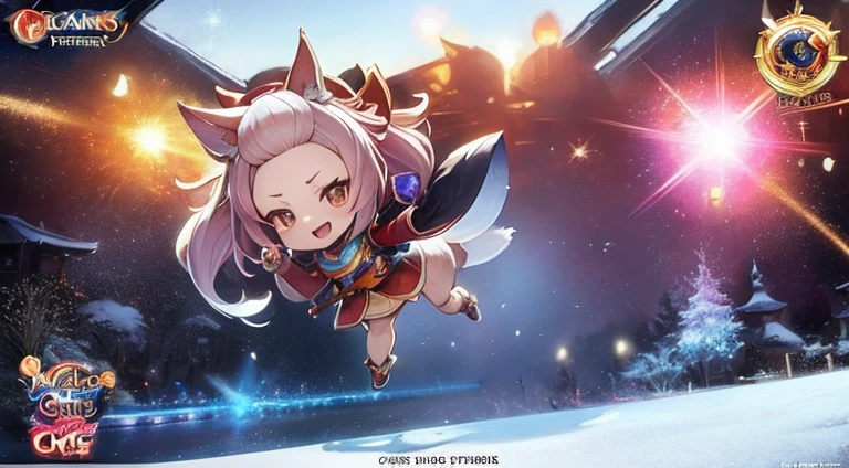 Anime characters have cats and dogs in the snow, fox from league of legends chibi, Official Splash Art, from league of legends, buizel and human fusion, onmyoji, komono, trending on cgstation, key art, character art of maple story, background-image, offcial art, side scroller, Genshin, Stylized anime, promotional art