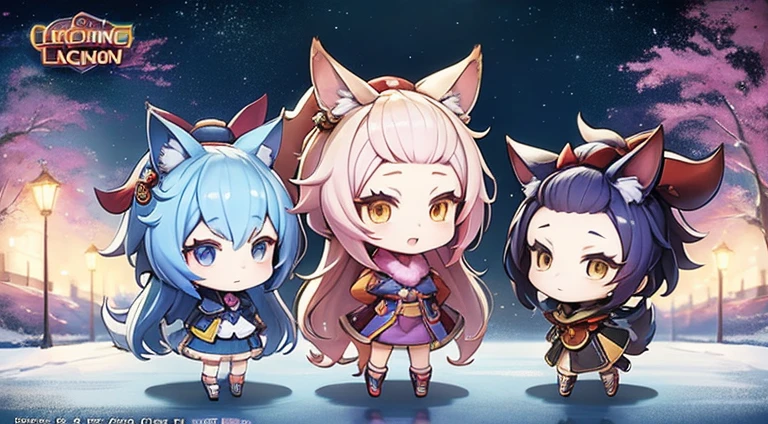 Anime characters have cats and dogs in the snow, fox from league of legends chibi, Official Splash Art, from league of legends, buizel and human fusion, onmyoji, komono, trending on cgstation, key art, character art of maple story, background-image, offcial art, side scroller, Genshin, Stylized anime, promotional art