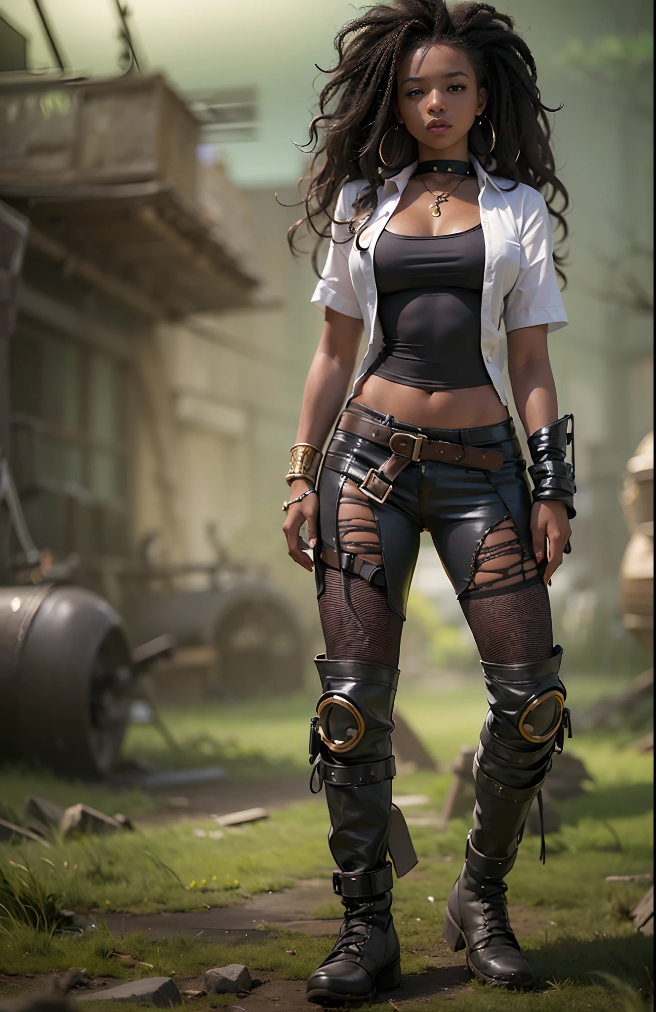 ((21-year-old))) black girl, (((light skin))),  (((close-up full body pose))),  (((long wavy black hair))), (((silk thigh highs))), (((wearing post-apocalyptic clothing, short sleeve white shirt, unbuttoned half way))), african tribal tattoo sleeve, dark fantasy art, Rich, Deep Colours, (intricate details:0.9), (HDR, hyper-detailing:1.2), (natural skin textures, hyper realisitc, soft light, Sharp),