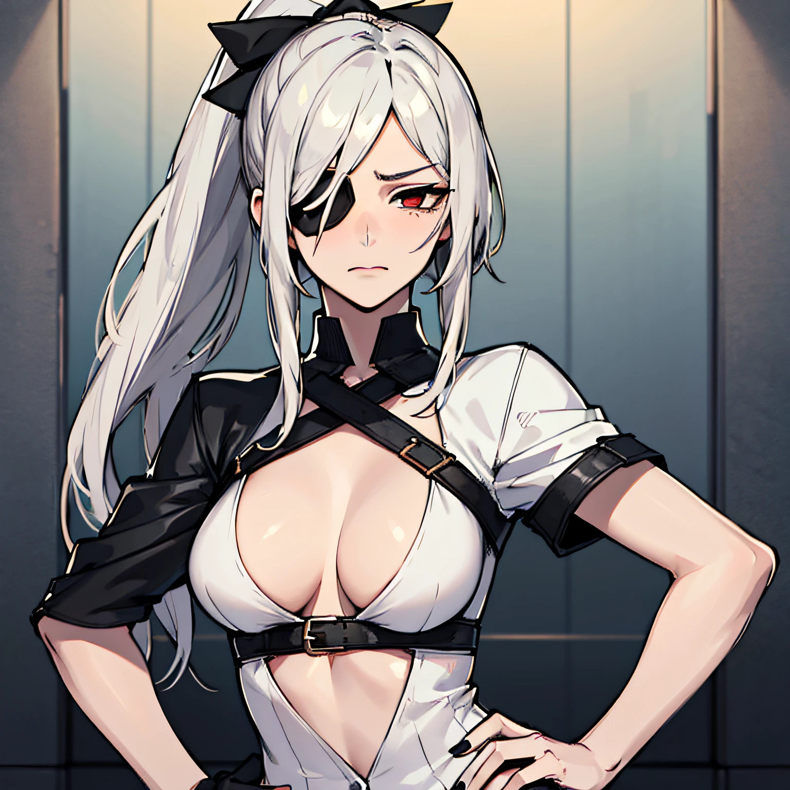 (absurdres, 8k, 4k, masterpiece, hyper extreme detailed:1.2), solo, 1girl, front view portrait, best quality, expressive eyes, perfect face, 1girl, portrait, solo, Female, mature female, adult, pale skin, black nails, white skin, black ribbon, red eyes, black eyepatch, annoyed, tattered clothing, armor, ripped clothes, oversized shirt, , swept bangs, side bangs, messy hair, long hair, hair covering forehead, perfect anatomy, anatomically correct, looking forward, forward view, expressive eyes, perfect eyes, quanxi, ponytail, eyepatch, Zero, full body, hand on hip, covered breasts, right hand on head, left hand on hip, solo, leaning back, window background, WhiteOutfit,