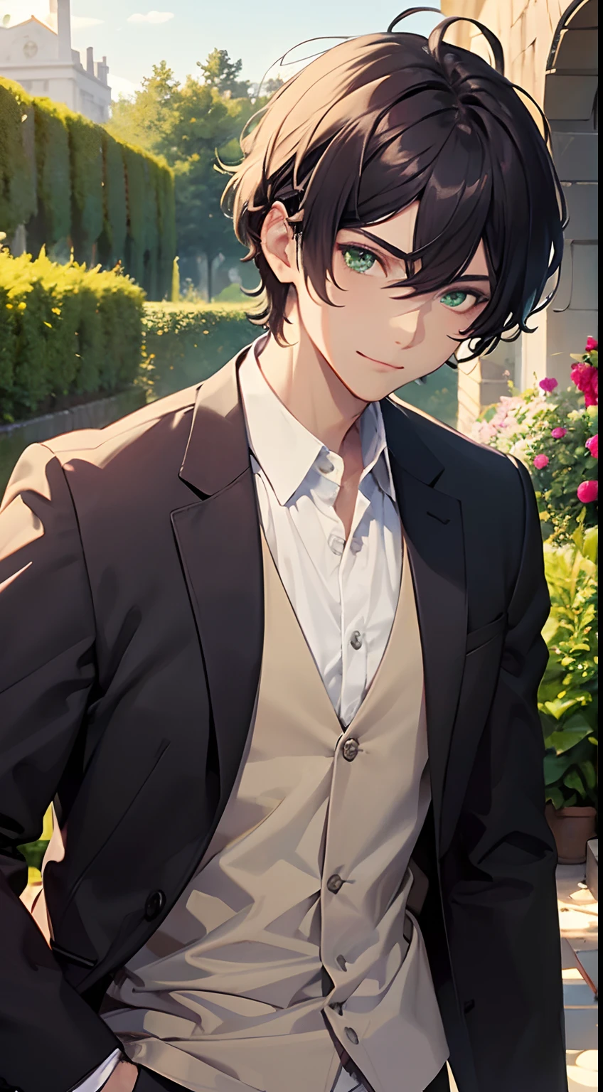 Adult boy, two block haircut, dark purple hair, short hair, green eyes, almond little eyes, prince, ikemen, handsome, death stare, cool, messy, looking you, elegant clothes, smile, fancy black jacket on his shoulders, kingdom, sunny day, golden hour, garden background, outdoors, secret garden, beautiful and aesthetic, awesome, masterpiece, high quality, professional art