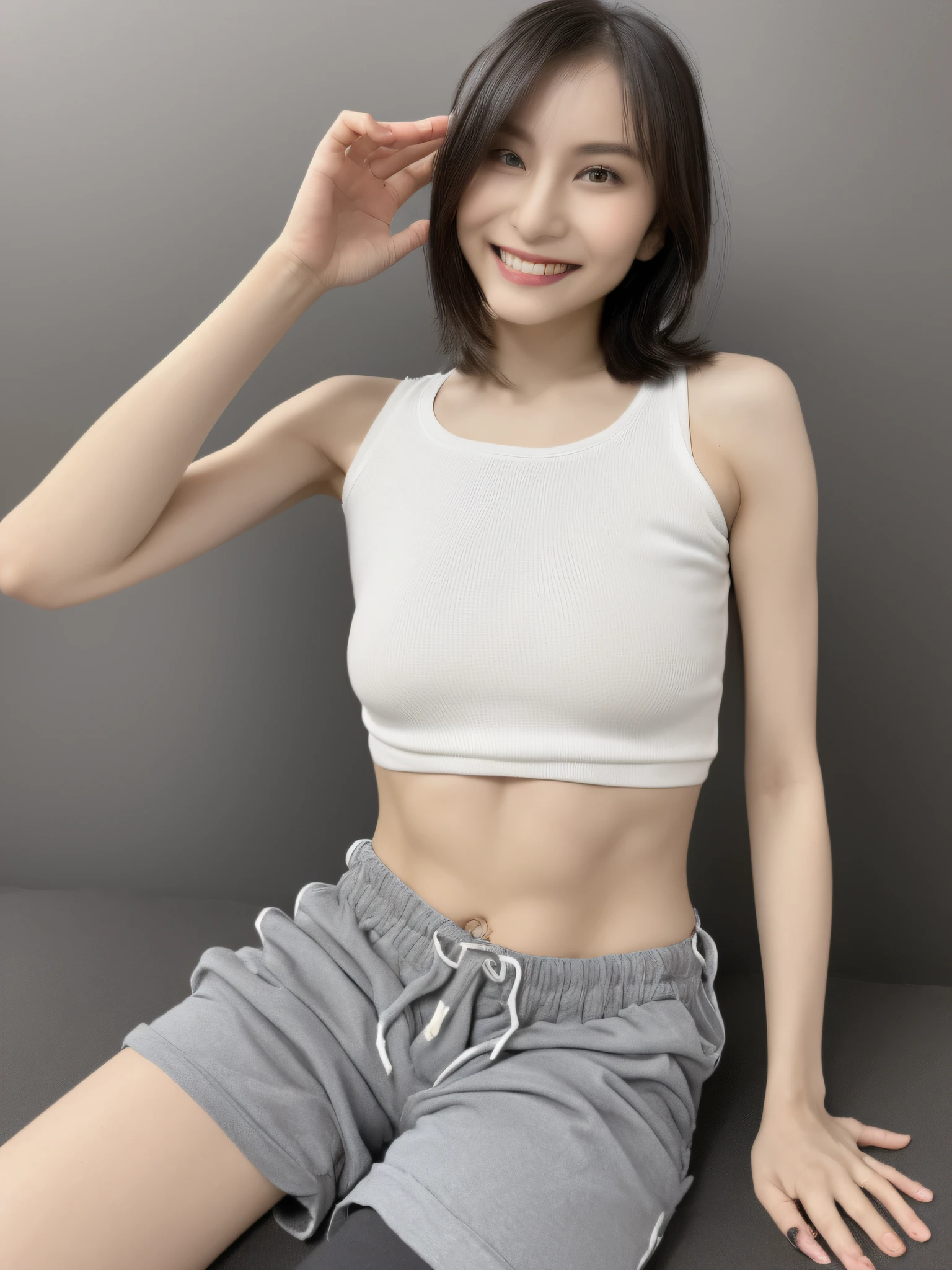 (8K, Best Quality, masutepiece, Ultra high definition, face with high quality:1.5), (ighly detailed), Looking at the camera, (20-year-old girl:1.3), (Ultra-low-angle full-body photography:1.3), 1 beautiful girl, (Japan and a mixed-race beautiful girl from Ukraine), White skin, (Very fair skin, Sparkly skin:1.4), Pin Spotlight, (beautidful eyes, Light in the eyes), Glossy, (Arm up), Very smile, Cute, Random hairstyles, Random hair color, ((Beautiful woman in sporty tank top and shorts)), ultra low rise, 8 life-size, (beautiful boob:1.6), (Slim abs:1.4), (well-muscled:1.3), accuracy, Skinny Big, toned hips, NSFW (nswt) (nswt) (nswt) (nswt), full bodyesbian, Simple gray background, pretty feet, Seated Pose