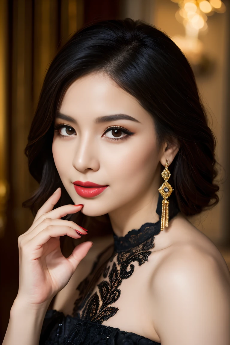 beautiful image, crisp focus, Rembrandt perfect brown eyes, Bright red lips, Black Hair, Home, front look, Full Pose, Wonderful faces.., Black tattoo, Looks beautiful.., Elegant black dress details, Paisley Gold Design, My hair is more elegant., Extra Focus, Radiant face, detailed face, 8k resolution, painted, Razumov style and garmash style.