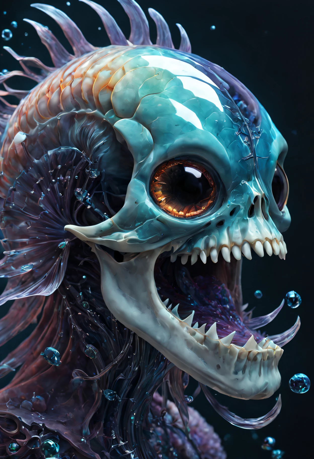 close-up portrait ribcagel. Alien skull , nautilus, hortensia, betta fish, bioluminiscent creatures, intricate artwork . octane render, trending on artstation,t symmetrical artwork. cinematic, hyper realism, high detail, octane render, 32k, vibrant colors, Broken Glass effect, no background, stunning, something that even doesn't exist, mythical being, energy, molecular, textures, iridescent and luminescent scales, breathtaking beauty, pure perfection, divine presence, unforgettable, impressive, breathtaking beauty, Volumetric light, auras, rays, vivid colors reflects