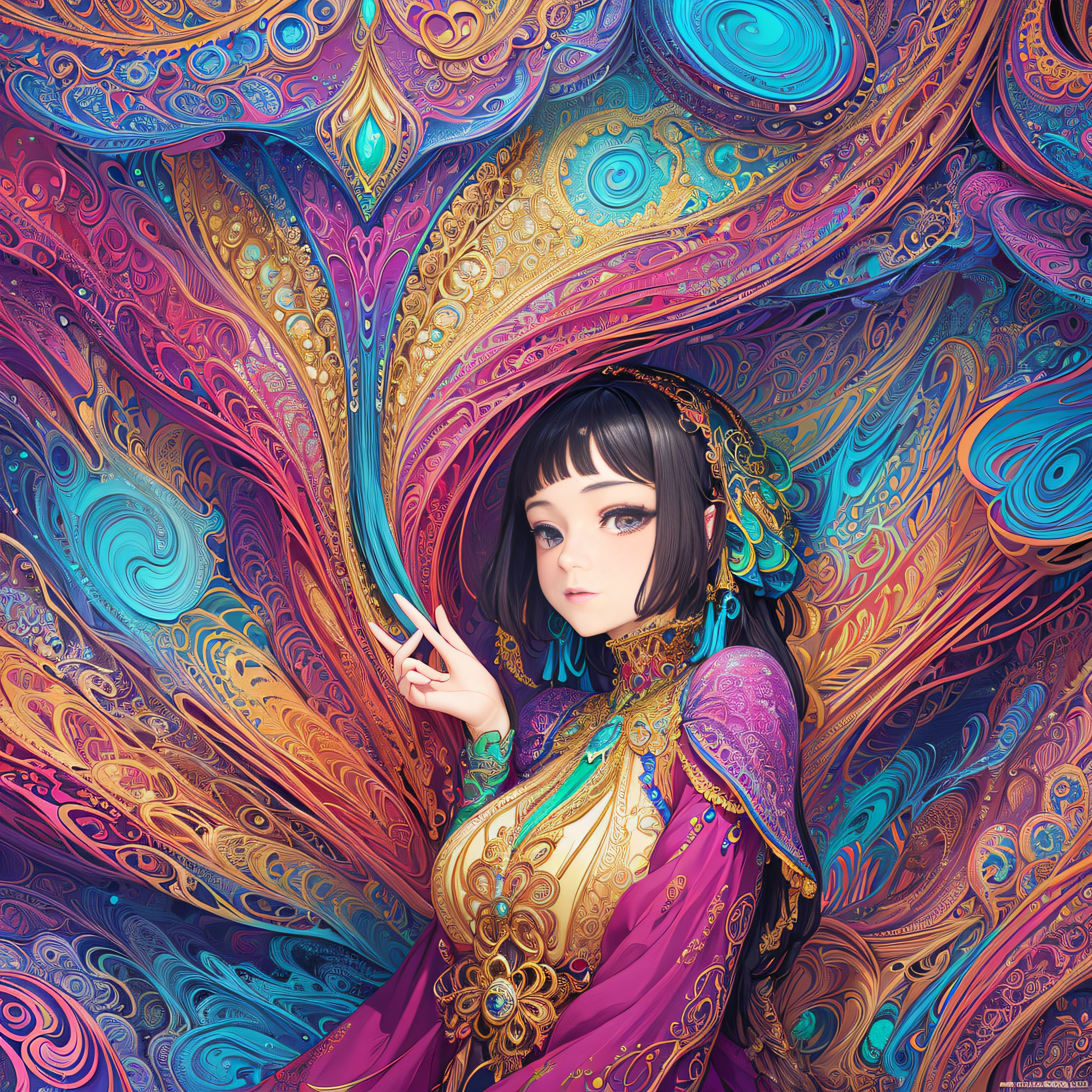 (masterpiece, top quality, best quality, official art, beautiful and aesthetic:1.2), (1girl:1.3), extremely detailed,(fractal art:1.2),colorful,highest detailed,(zentangle:1.2), (dynamic pose), (abstract background:1.5), (treditional dress:1.2), (shiny skin), (many colors:1.4), upper body