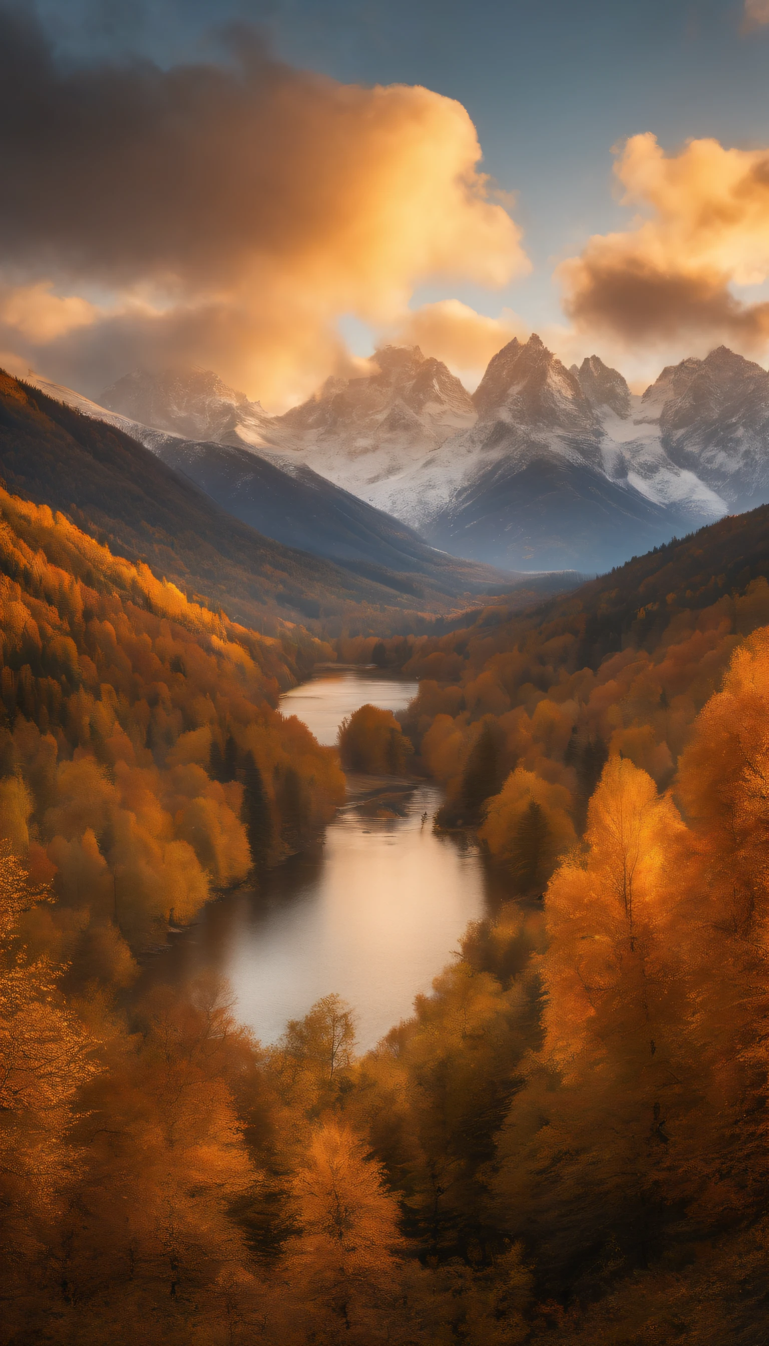 Snow mountains, fall foliage, surrounded by clouds, thick clouds, OC rendered, high quality, masterpiece, hyper-realistic, ultra photo realism, 8K, super-fine, ultra-detailed, ultra-wide angle of view, dynamic viewing angle, bathed in the warm, golden glow of the sunrise light, in a 9:16 image size.