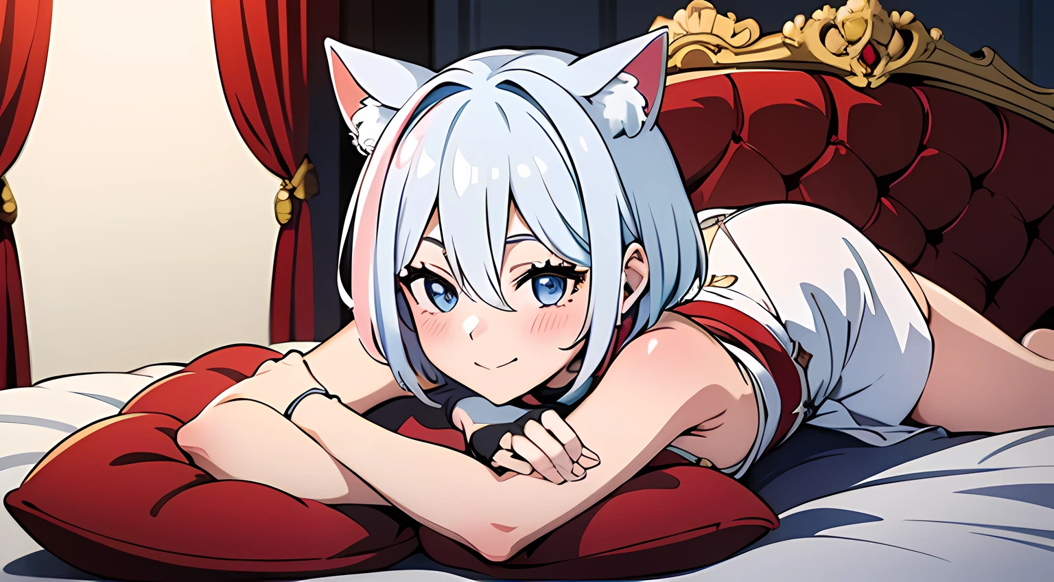 1 girl (cat eared, without human ears), beautiful eyes finely detailed, (two tone hair color (white and red), short hair), tipsy smile, drunk, blush on her face, white dress, laying her back on sofa, middle ages style bedroom, full body, anime best girl, masterpiece sidelighting, ​masterpiece, top-quality, detailed, High resolution illustration