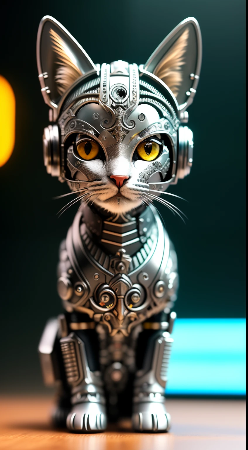 a cute kitten made out of metal, Cyborg, Cyberpunk Style, ((Intricate details)), hdr, ((Intricate details, ultra - detailed)), cinema shot, Vignette