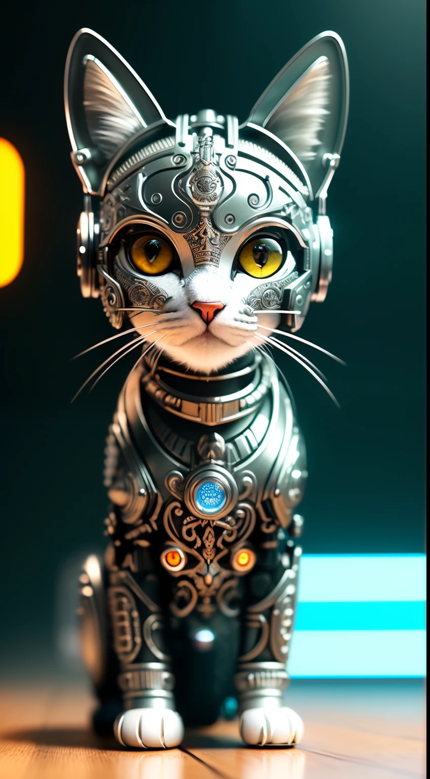 a cute kitten made out of metal, Cyborg, Cyberpunk Style, ((Intricate details)), hdr, ((Intricate details, ultra - detailed)), cinema shot, Vignette