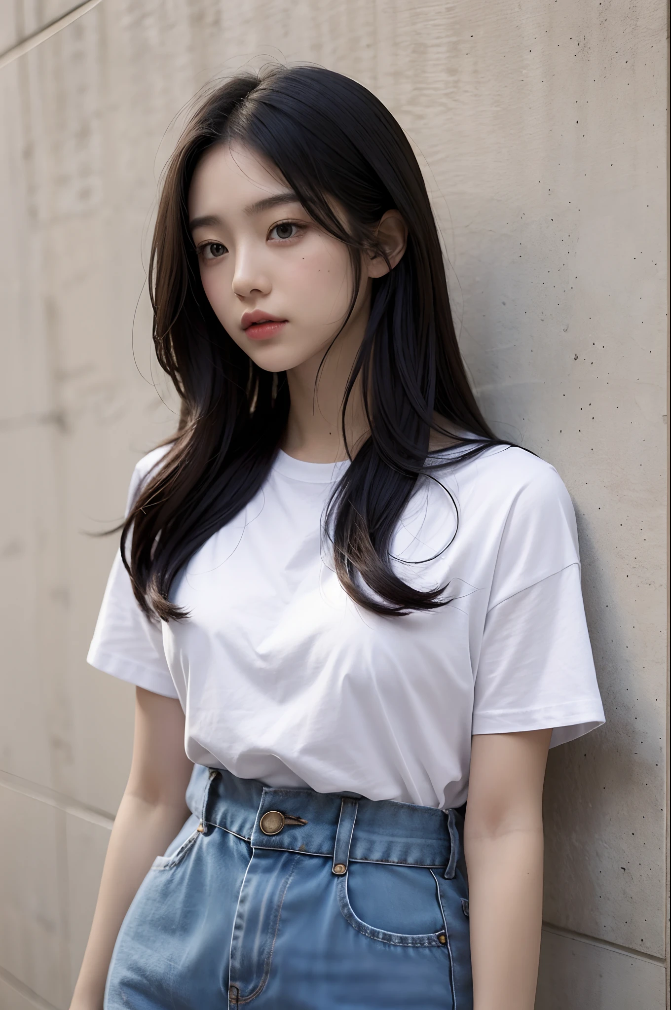A woman leaning against a wall wearing a white shirt and blue jeans ...