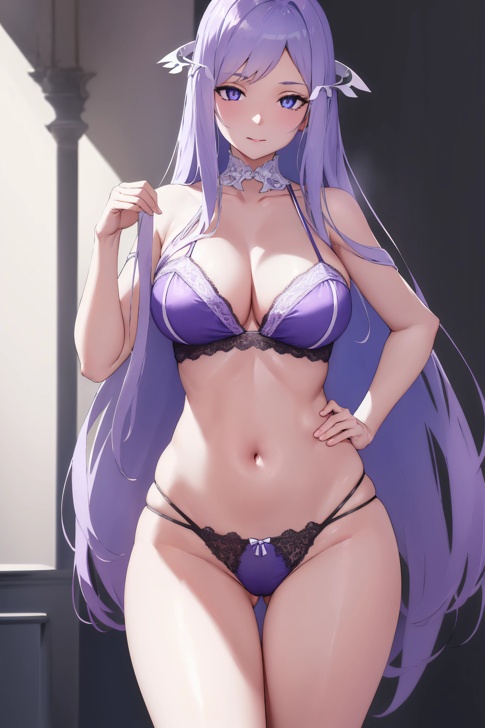 quinella, quinella, absurdly long hair, (purple eyes:1.1), long hair, parted bangs, purple hair, very long hair, hair ornament,medium breast,
BREAK bare shoulders, barefoot, cleavage, collarbone,lace,Black lingerie,navel,white panties, see-through,thighs,Black underwear, garter straps,
BREAK indoors, bed,
BREAK looking at viewer, (cowboy shot:1.5),pose, hand on hip,
BREAK (masterpiece:1.2), best quality, high resolution,NSW ,unity 8k wallpaper, (illustration:0.8), (beautiful detailed eyes:1.6), extremely detailed face, perfect lighting, extremely detailed CG, (perfect hands, perfect anatomy),