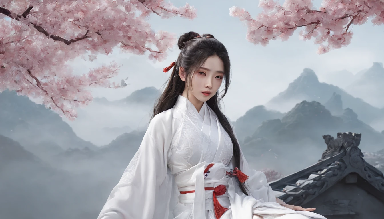Luna Freya Knox Frey,动态照明,art stations,poster for,Volumetriclighting,Very detailed faces,4k wallpapers,He has a delicate and beautiful face,long hair flowing,horse tailed,Fringed Hair Ornament,Dynamic perspective,White Hanfu,White gauze flying,red waistband,Sexy,Tradition Chinese Ink Painting,Surrounded by clouds,cherry blossom,fog atmosphere,Ride a white dragon,White dragon horn,dynamic viewing angle,电影灯光
