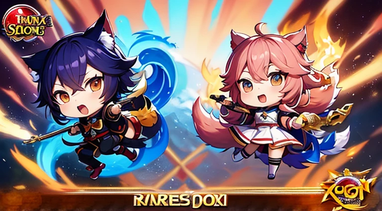 Anime characters fly through the air with cats and dogs, fox from league of legends chibi, background-image, character art of maple story, Banner, side scroller, key art, hero 2 d fanart artsation, Genshin, promotional art, offcial art, kitsune holding torch, medium shot of two characters, komono, style of duelyst