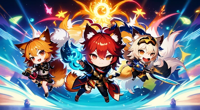 Anime characters fly through the air with cats and dogs, fox from league of legends chibi, background-image, character art of maple story, Banner, side scroller, key art, hero 2 d fanart artsation, Genshin, promotional art, offcial art, kitsune holding torch, medium shot of two characters, komono, style of duelyst