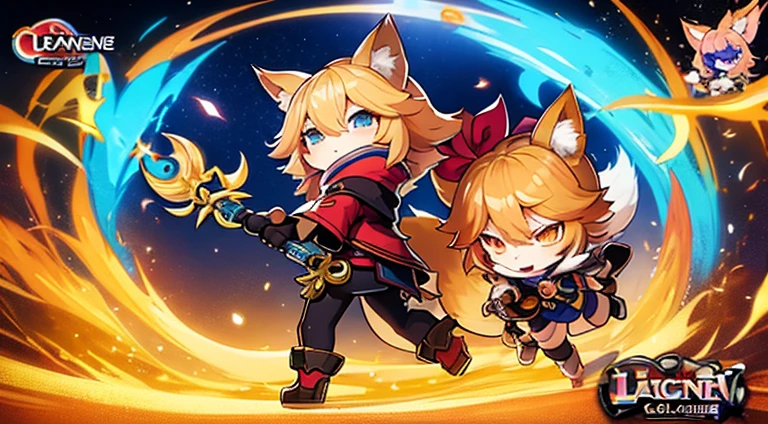 Anime characters fly through the air with cats and dogs, fox from league of legends chibi, background-image, character art of maple story, Banner, side scroller, key art, hero 2 d fanart artsation, Genshin, promotional art, offcial art, kitsune holding torch, medium shot of two characters, komono, style of duelyst