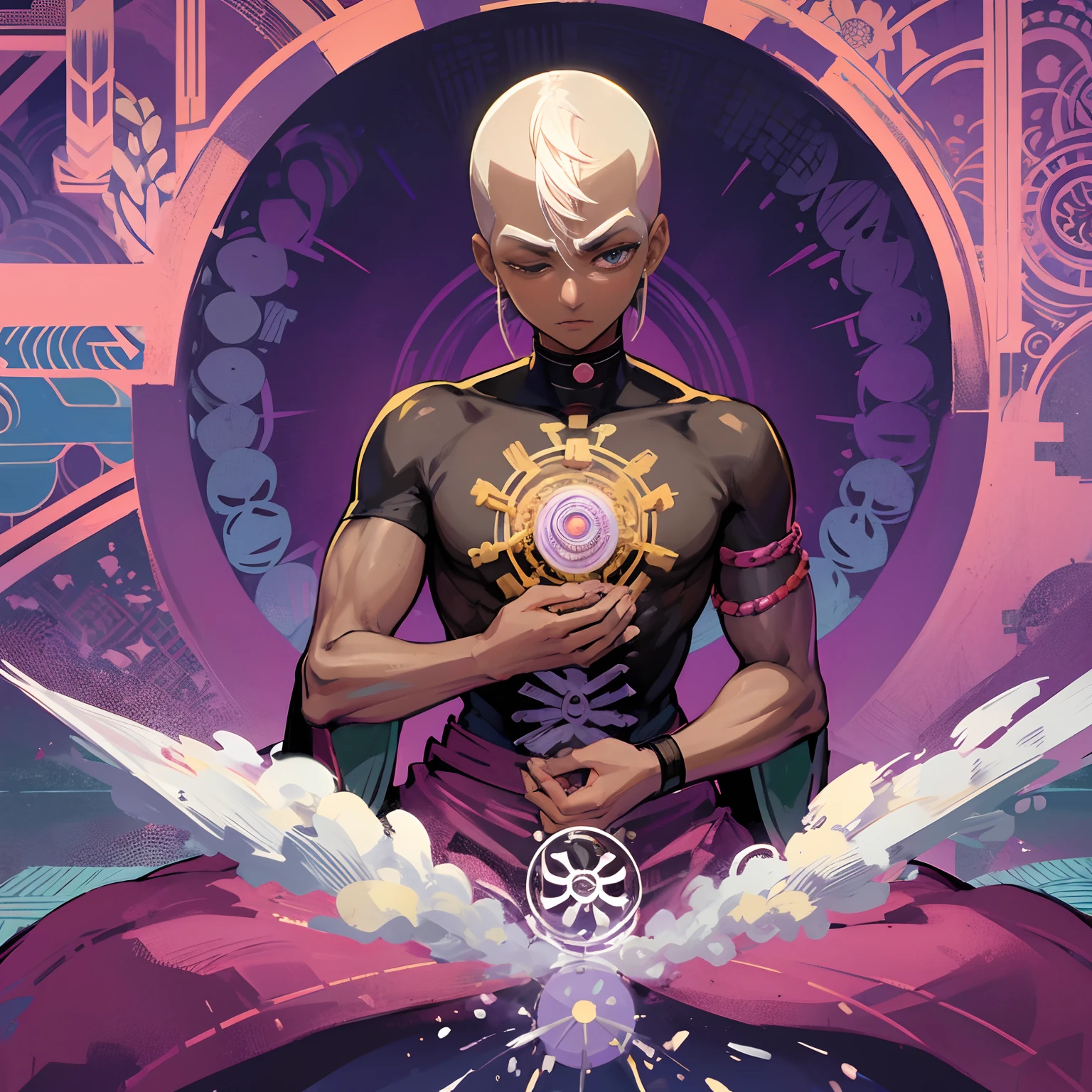 Man with dark skin　frontage　Zazen　Priest obedience　Shaved head with white hair　Jojos bizarre adventure　Mandala background　Eyes closed　full bodyesbian