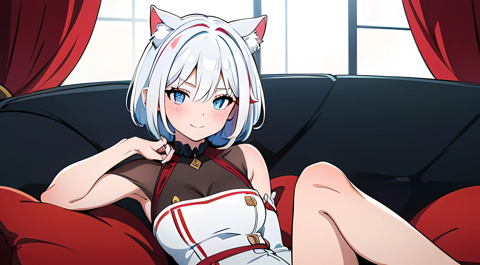 1 girl (cat eared, without human ears), beautiful eyes finely detailed, (two tone hair color (white and red), short hair), tipsy smile, drunk, blush on her face, white dress, laying her back on sofa, middle ages style bedroom, full body, anime best girl, masterpiece sidelighting, masterpiece, top-quality, detailed, High resolution illustration