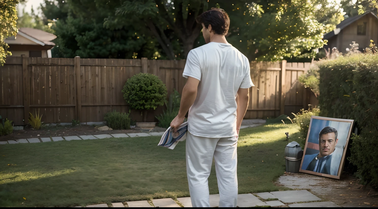((Top Quality, 8K, masterpiece: 1.3)), Man picking up newspaper in yard, Stand with your back bent and pick up a newspaper, Man picking up newspaper, Good Weather, morning, Male in his 30s, slipper, Pajamas, Detailed Face, a photo of, Natural,