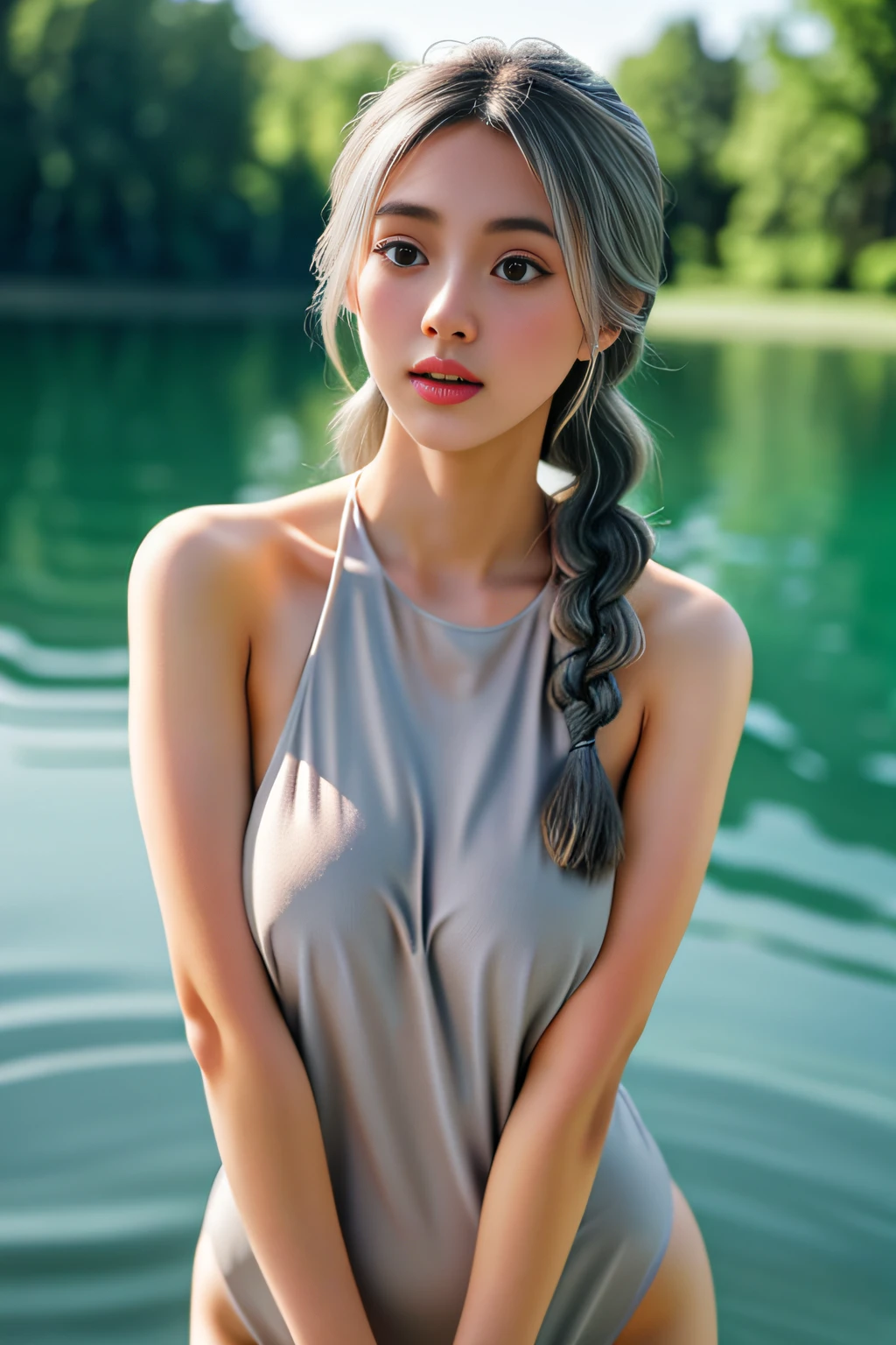 4K、nffsw、nffsw、(masuter piece:1.5)、(top-quality:1.5)、high-detail、foco nítido、独奏、Naked wet girl、Under the heavy rain、Standing alone on the lake、photos realistic、((Wetty)) ((fullllbody))、Young Adult Body、爆乳、Drop-shaped chest、Detailed medium grey hair braids、Hair braid、A detailed eye、verd s eyes、natural soft light、Detailed reflected light、volume illumination、precise lineart、film like、Beautiful fece、ultra-detailliert、colourfull 、rich deep colors、glow effect、Vivid Color、Teen Girl Mix、XXMix_girl、p3rfect boobs、Movie stills、
