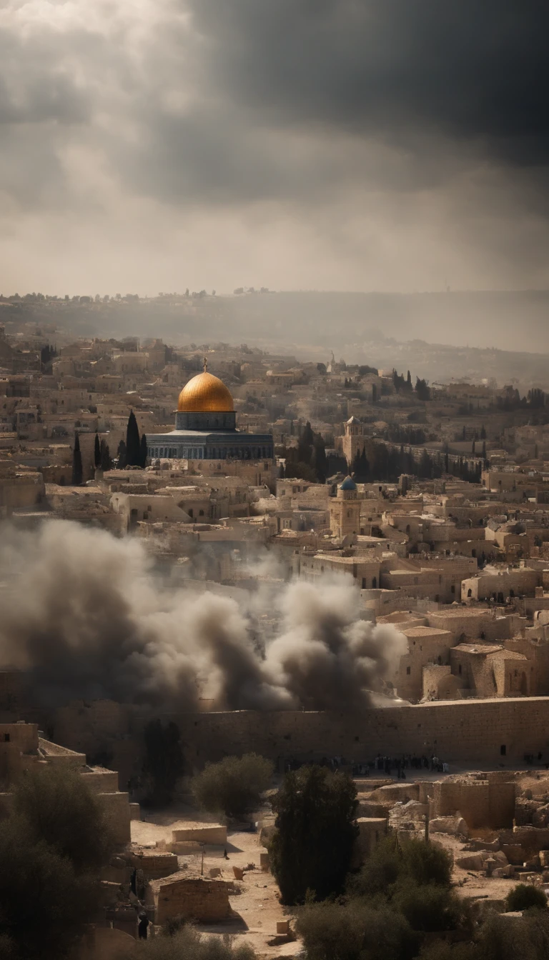 city of Jerusalem being attacked by missiles soldiers attacking people