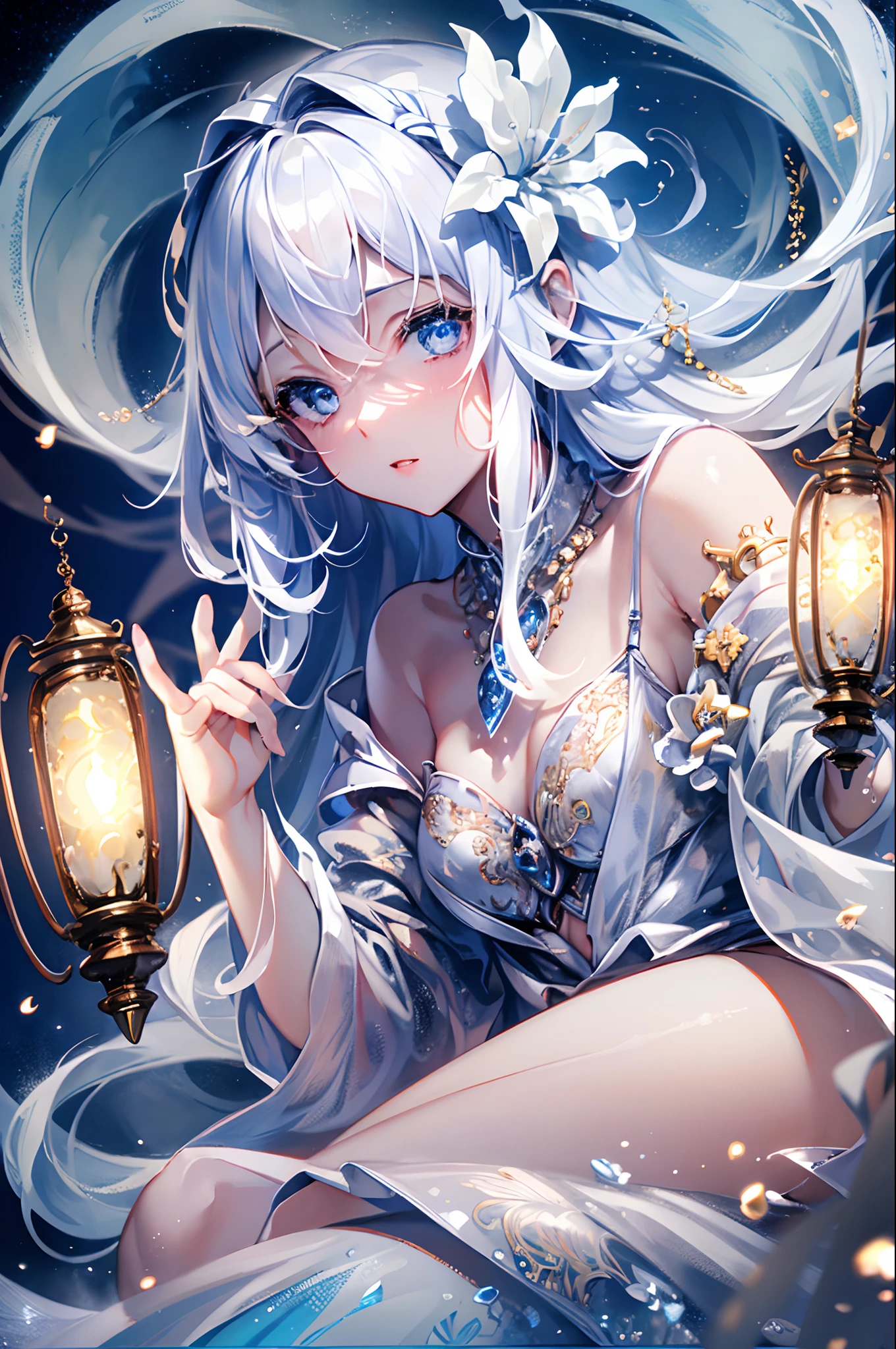 (Masterpiece, Best quality: 1.2),White color hair，Charming maiden，Dreamy，sea beach，lamplight，Deep eyes，Epic，quadratic element，starlights，Wallpapers，Background with --auto --s2