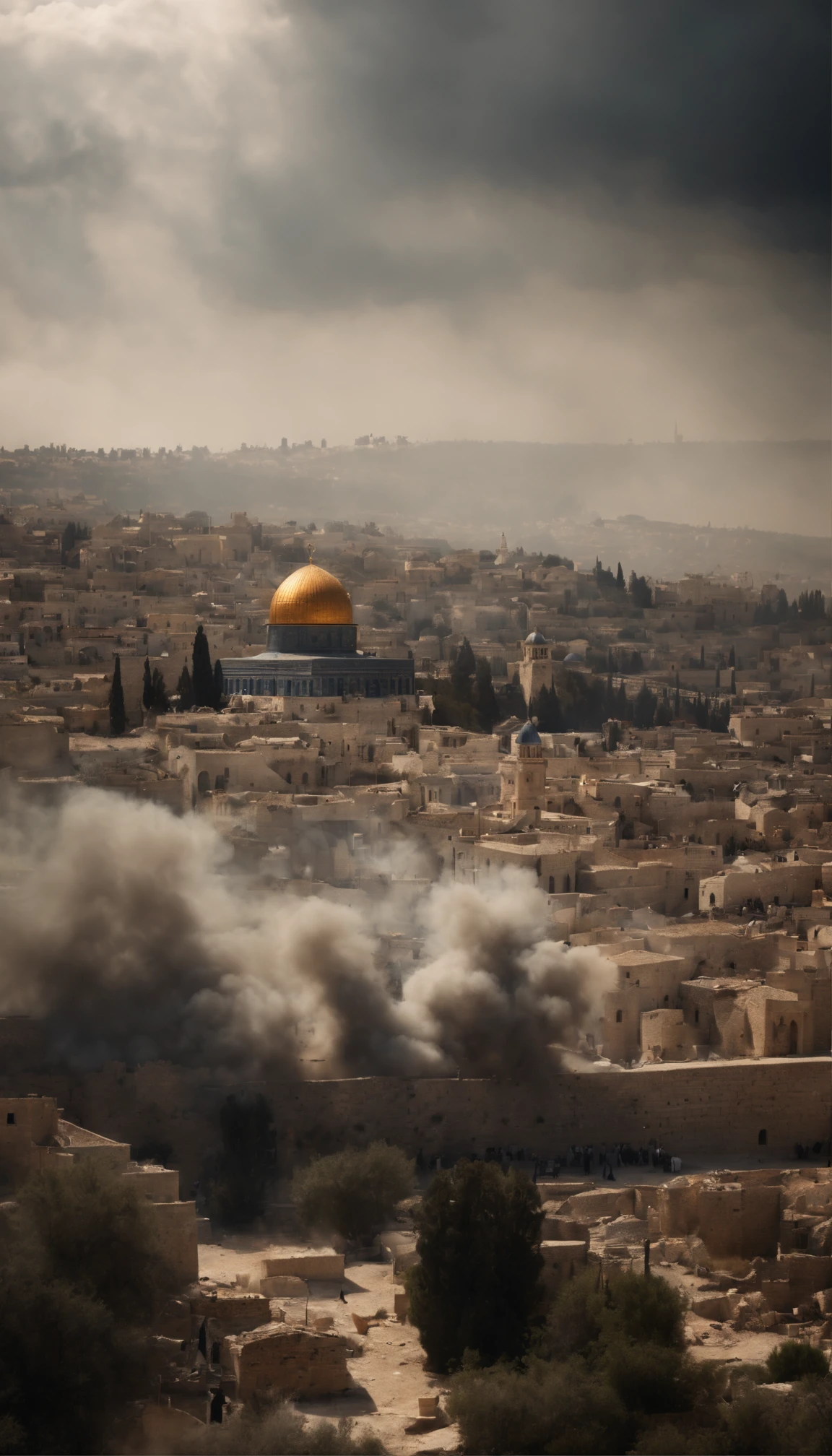 The city of Jerusalem being attacked by missiles, Terroristas palestinianos atacam pessoas, uma cena de medo e terror. Women and children crying