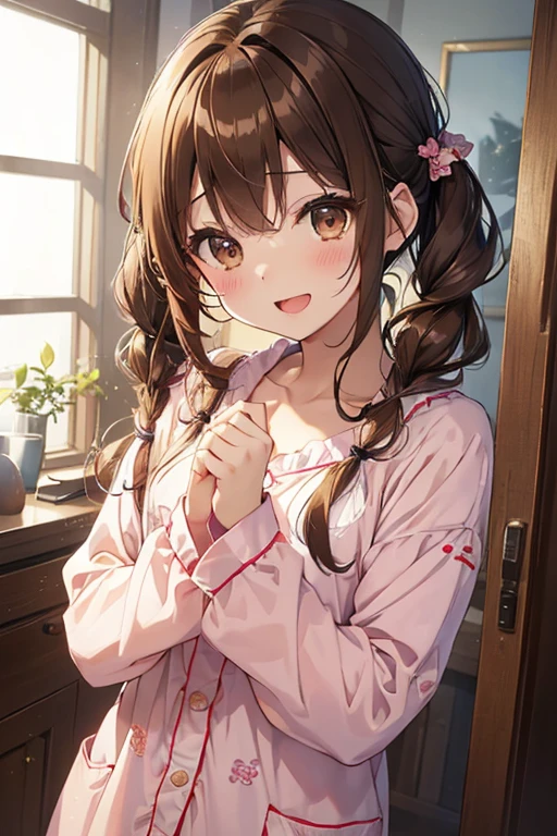 (Highest quality illustrations:1.2), (Kawaii Girl:1.1), (1girl in, 独奏:1.5), (1girl in、14years、childish、One pose、cute little、Neat and clean image、tiny chest:1.5、ultradetailed eyes:1.2)、(small tits,flat breast:1.1)、((Brown-eyed、Brown hair:1.5))、(shorth hair)、hair wavy、curlyhair、bangss、low twintails、short twintails、 pajamas、Cute pajamas、Check your pajamas、Baggy pajamas、,The upper part of the body、huge smile、Open mouth、hi、Brown hair、shorth hair、hair wavy、low twintails、BREAK(top-quality、ultra-detailliert、highly detailed and beautiful、超A high resolution、Detailed arm:1.2)、a closeup、bustup, Wink
