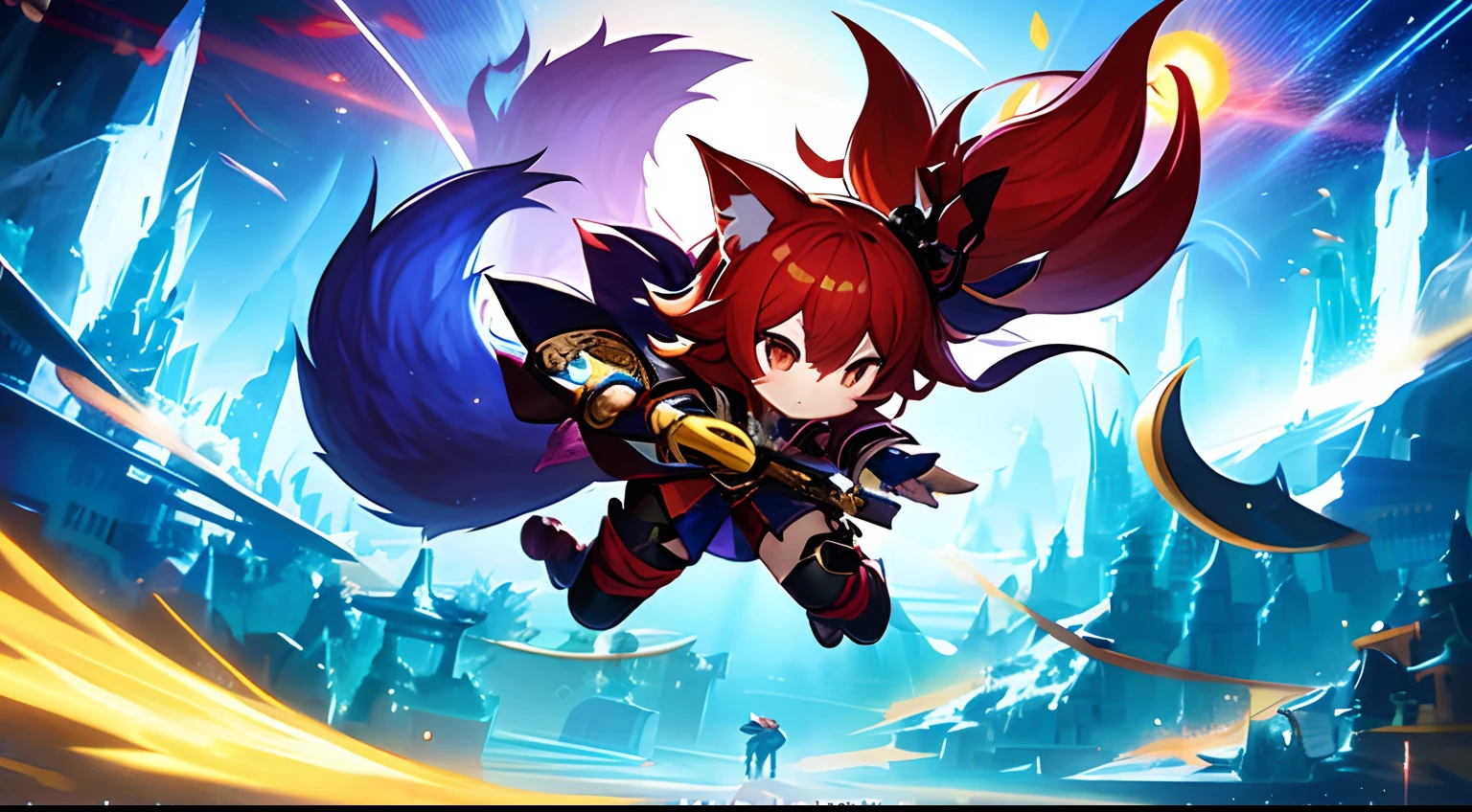 Anime characters fly through the air with cats and dogs, fox from league of legends chibi, background-image, character art of maple story, Banner, side scroller, key art, hero 2 d fanart artsation, Genshin, promotional art, offcial art, kitsune holding torch, medium shot of two characters, komono, style of duelyst