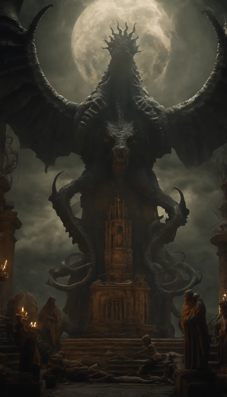 (best quality,4k,8k,highres,masterpiece:1.2),ultra-detailed,(realistic,photorealistic,photo-realistic:1.37),horror,mythology,H.P. Lovecraft,retro-style,ominous colors,dark atmosphere,detailed sculptures,ancient ruins,surreal,eldritch creatures,intense lighting,deep sea,dreadful,cosmic horror,cultists worshipping,distorted reality,ominous glows,lost city,lovecraftian evil,monstrous deities,grotesque statues,pulsating tentacles,eldritch abominations,ancient civilization,worshipping rituals,suspenseful vibe,ominous shadows,otherworldly dimensions,forbidden knowledge,impenetrable darkness,macabre art,arcane symbols,horrible nightmares,lurking horrors,worshippers in trance,state of madness,nightmarish visions