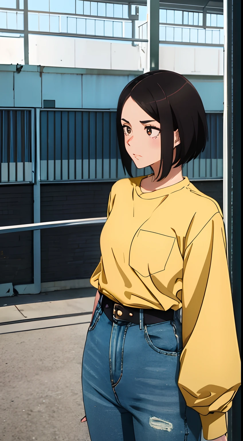 1 girl,standing on your feet,full bodyesbian,Look ahead,speak,placket,scowling,with brown eye,with short black hair,Yellow shirt,longer sleeves,Denim trousers,looking at viewert