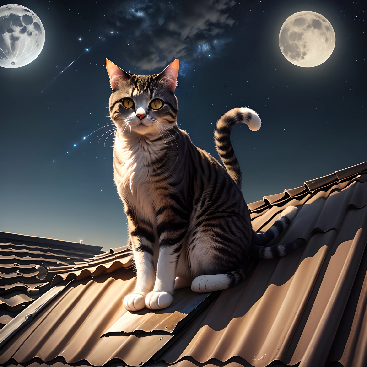Cat painted on top of the roof at night with the moon in the sky and stars Full HD