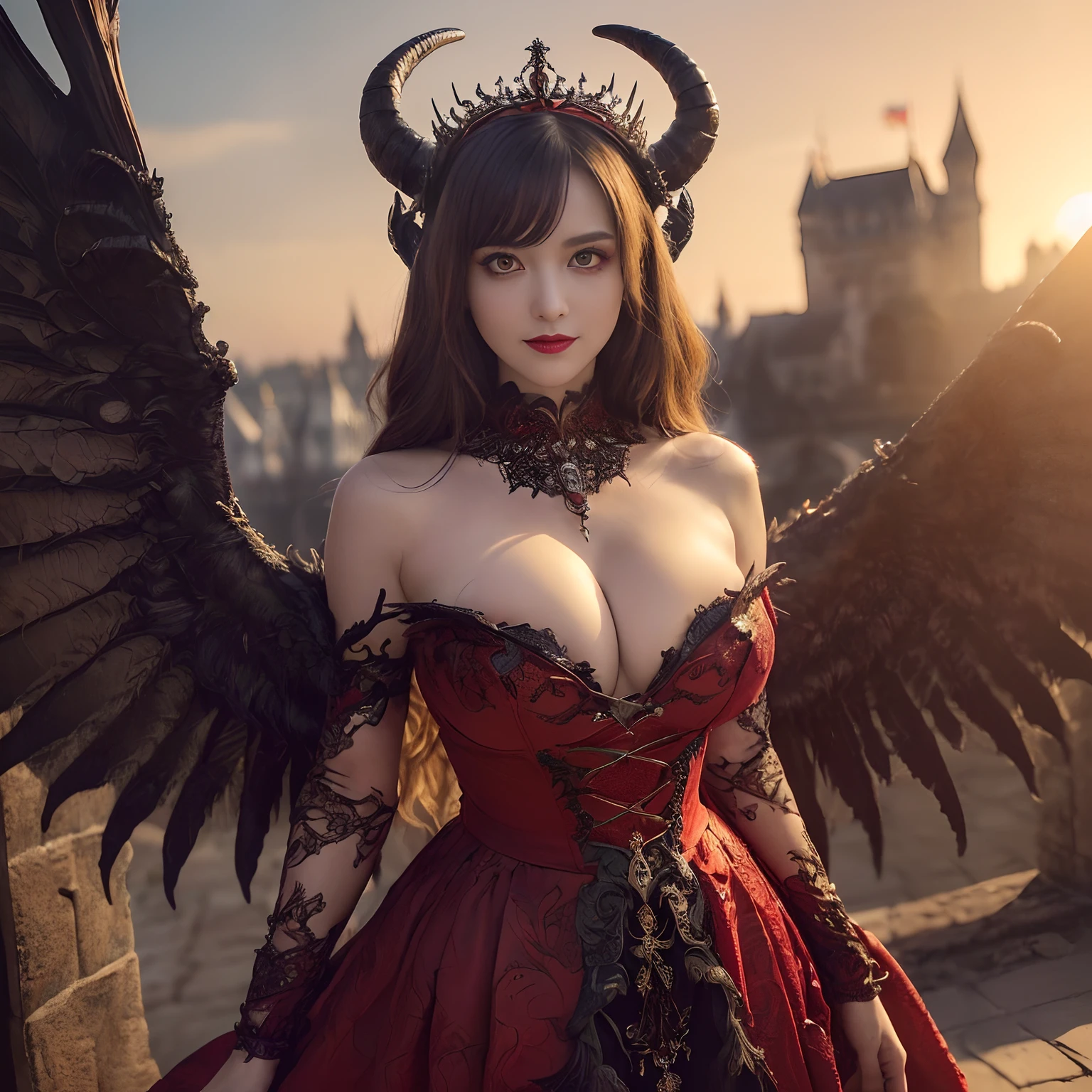((masutepiece、top-quality、Award-Winning Works、Highly detailed and elaborate textures、The most complex and detailed textures、The most complex and detailed textures of wings and horns、Super High Detail))、(Her glowing red eyes:1.5),(Fiery red glowing eyes:1.2),(Bright red eyes:1.2),(Her eyes glow red:1.5),((eyes glowing red,Glowing red eyes,Glowing red eyes)),((A very beautiful demon queen,Wings with the most realistic and intricate textures,The most detailed and intricate wing textures,Luxurious long dresses,The background is a complex and detailed castle exterior,Giant Devil Tiara,Big Princess Dresses,Final form as a complete demon,The Devil's Masterpiece,Frightening giant wings,Huge and intricate demon wings,Big Devil's Horn,Realistic and big horns,Creepy horns,Wings with a very elaborate texture,Wings with a very complex texture,Creature wings with a very realistic texture,Wings of a terrifying monster,The most intricate and luxurious gothic dresses,Bright red lipstick, Red Eyes,The most gorgeous princesses dress up with achievements,The most beautiful princesses in the world,Spooky and beautiful demons,The cutest face,Intricate and solemn black dress,Evil and beautiful demon,The most majestic appearance of the Demon Queen,Huge Queen Tiara,The most complex depictions of demons,Accurate reproduction of perfect demonic details,The appearance of an unimaginably gorgeous demon,The unimaginably huge and beautiful appearance of the demon,Complex medieval European castle in the background,The most intricate and detailed castle appearance,The perfect castle,With the sunset and the castle in the background,Castle dyed in the sunset,Fantastic sunset,Romantic sunset,spectacular movie lighting,Sparkling sunset)),((Most beautiful face,Half Japan and half Spanish,The happiest smile,Beautiful wavy hair,The most luxurious and intricate dresses,The biggest smile staring at the camera,Chest that seems to burst,A dress that tightens the waist,Slimed,Colossal ,Emphasize body lines,Giant wings of the devil,masutepiece,8K,very intricate,ultra-detailliert))